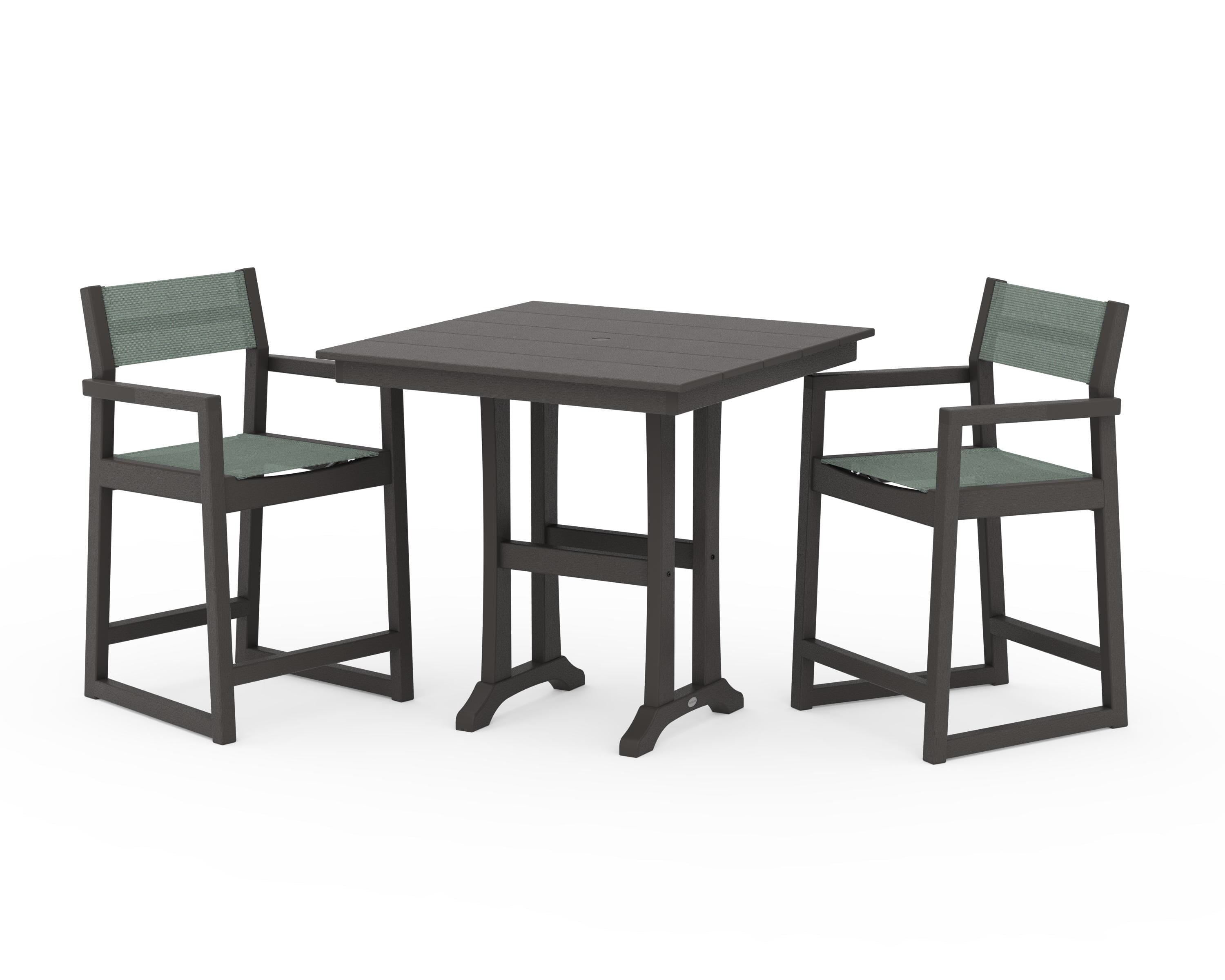 POLYWOOD EDGE Sling Arm Chair 3-Piece Farmhouse Counter Set with Trestle Legs in Vintage Coffee / Dupioni Sea Mist Sling