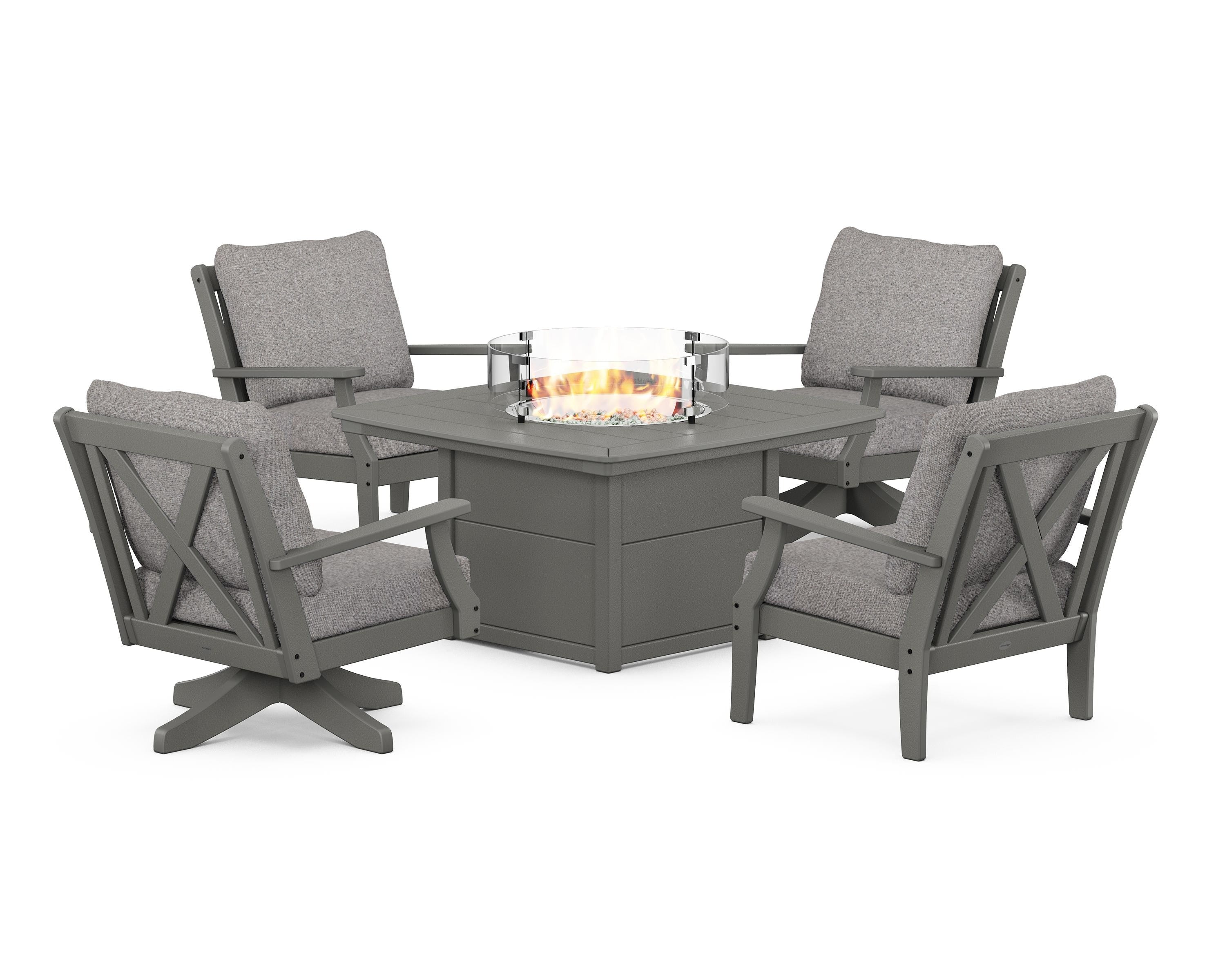 POLYWOOD Braxton 5-Piece Deep Seating Set with Fire Table in Slate Grey / Grey Mist