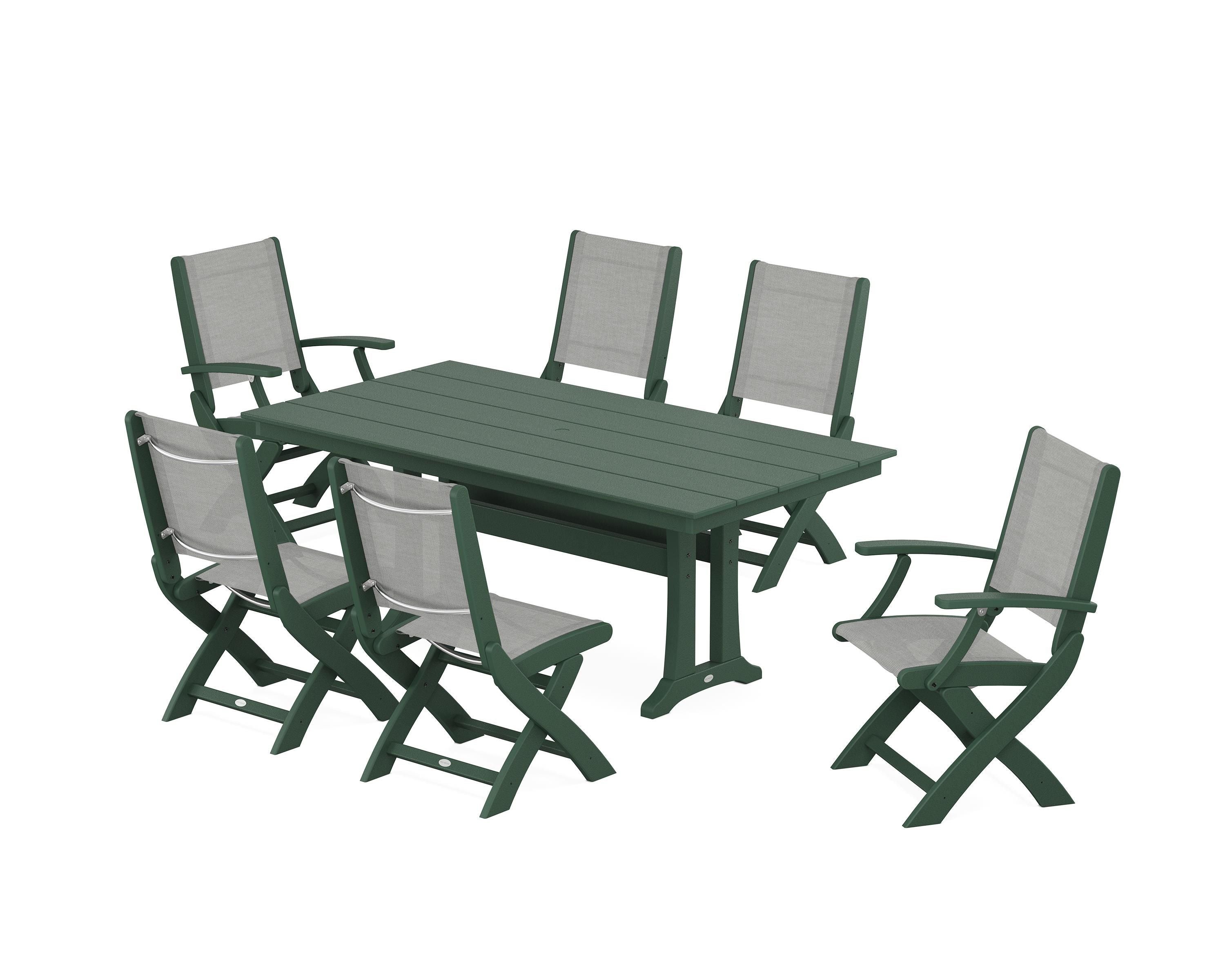 POLYWOOD Coastal Folding Chair 7-Piece Farmhouse Dining Set with Trestle Legs in Green / Metallic Sling