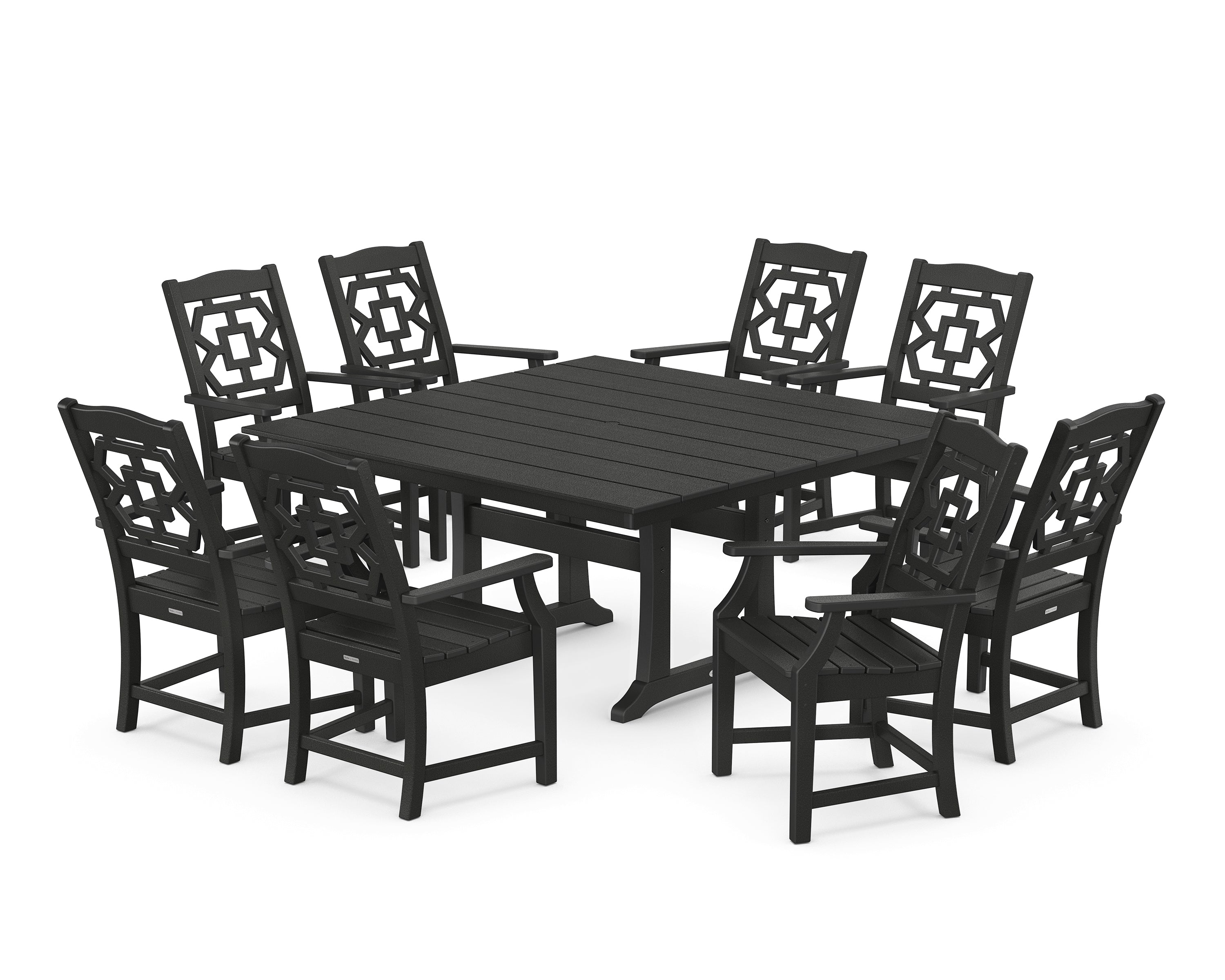 Martha Stewart by POLYWOOD® Chinoiserie 9-Piece Square Farmhouse Dining Set with Trestle Legs in Black