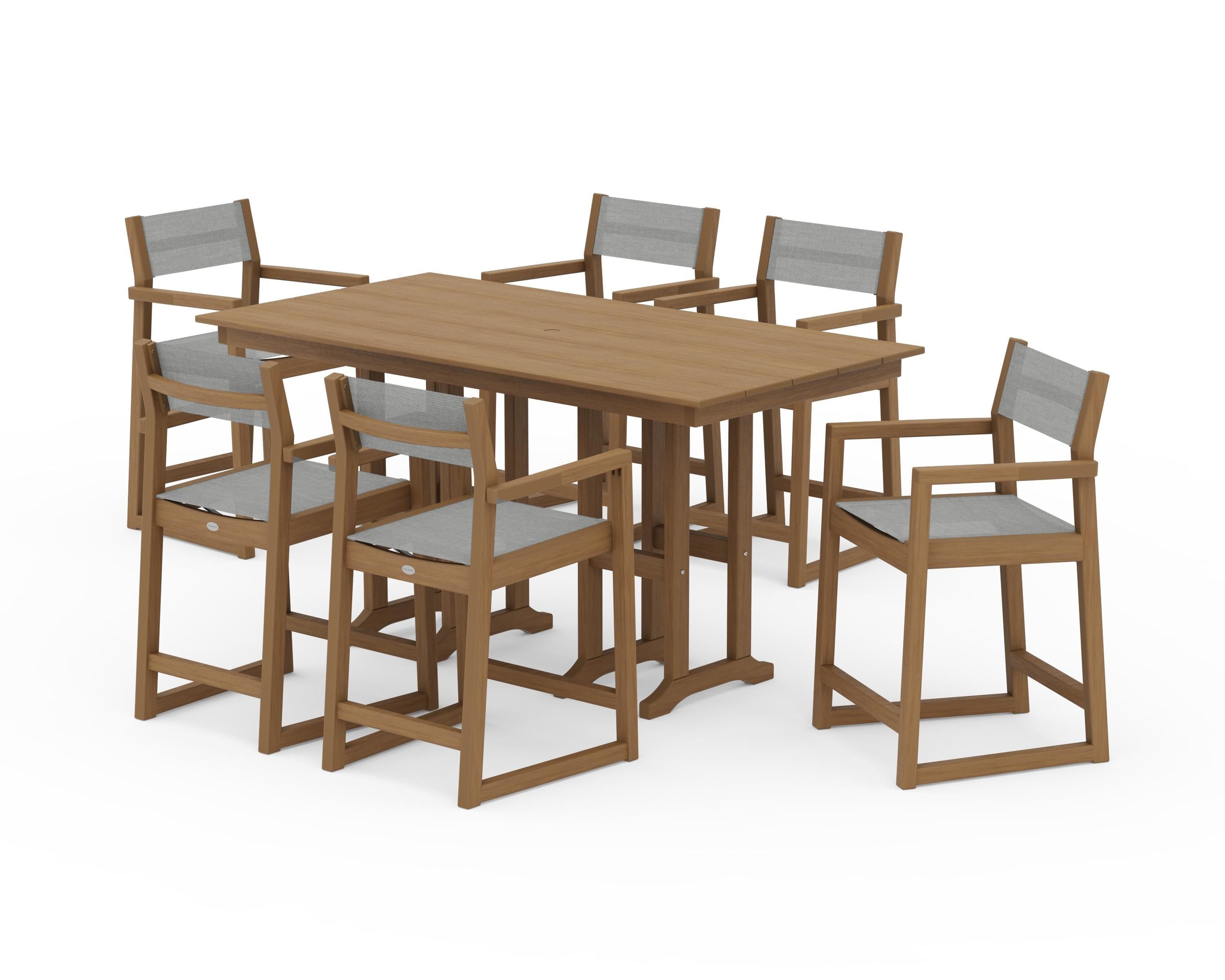 POLYWOOD EDGE Sling Arm Chair 7-Piece Farmhouse Counter Set in Natural / Metallic Sling
