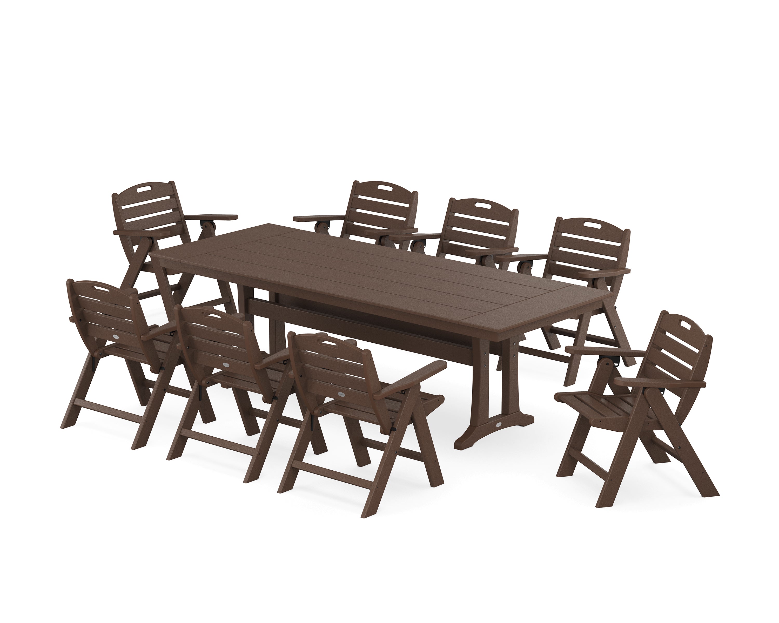 POLYWOOD® Nautical Lowback 9-Piece Farmhouse Dining Set with Trestle Legs in Mahogany