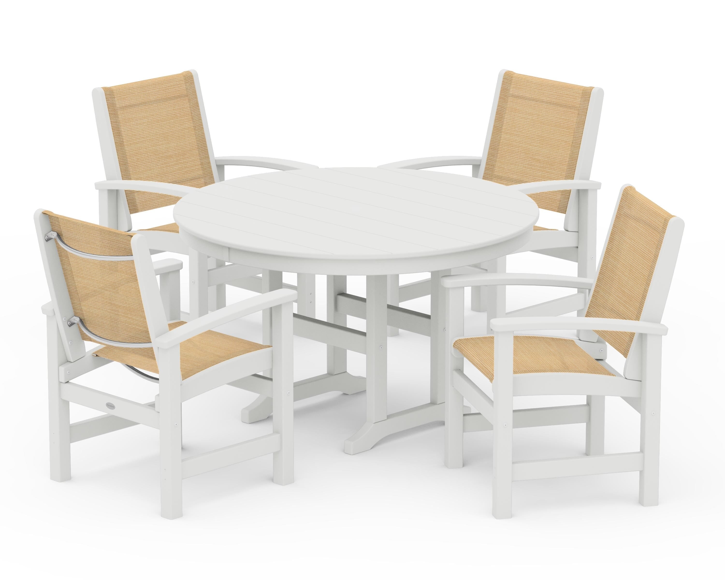 POLYWOOD Coastal 5-Piece Round Farmhouse Dining Set in Vintage White / Dupioni Apricot Sling