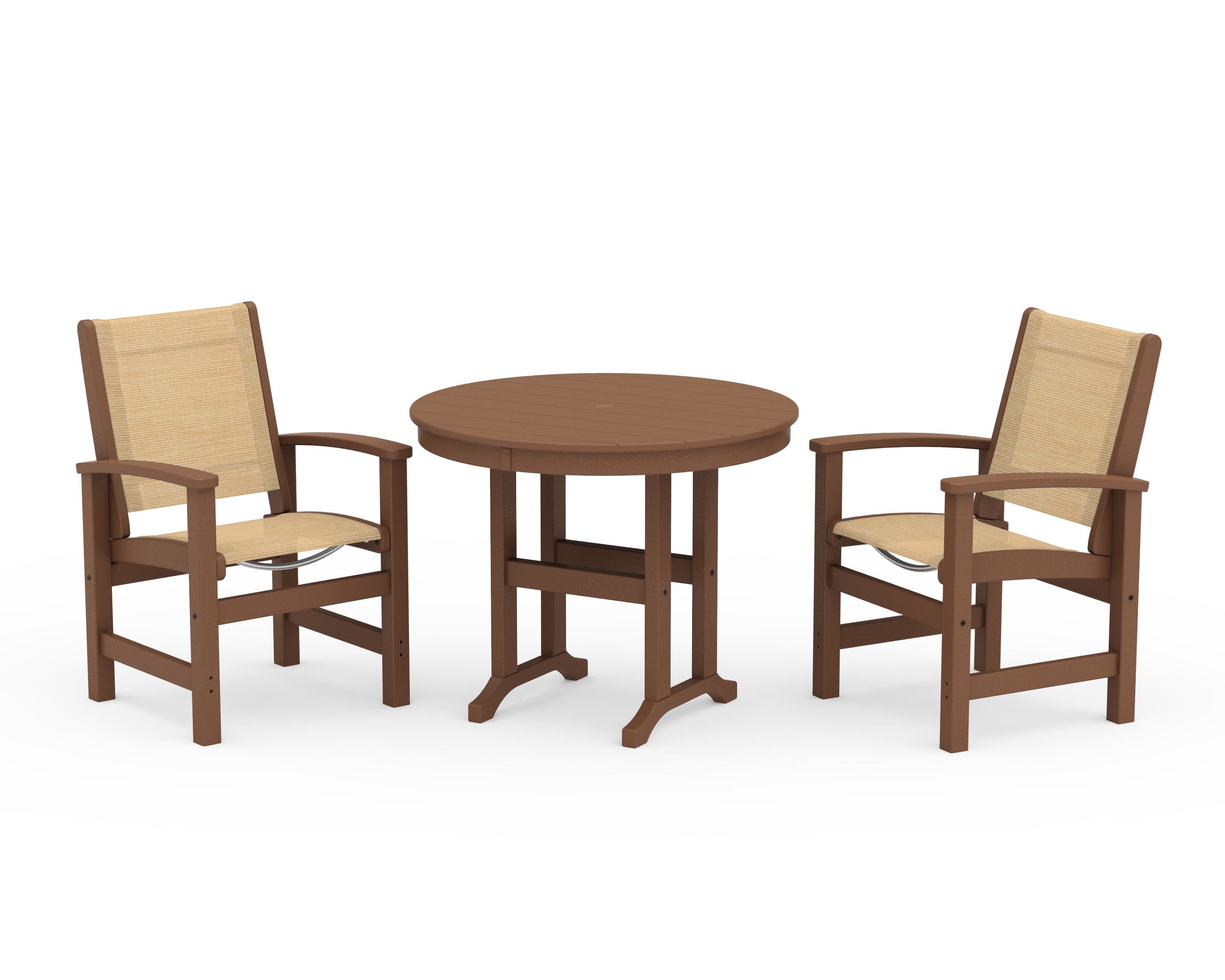 POLYWOOD Coastal 3-Piece Round Dining Set in Teak / Dupioni Apricot Sling
