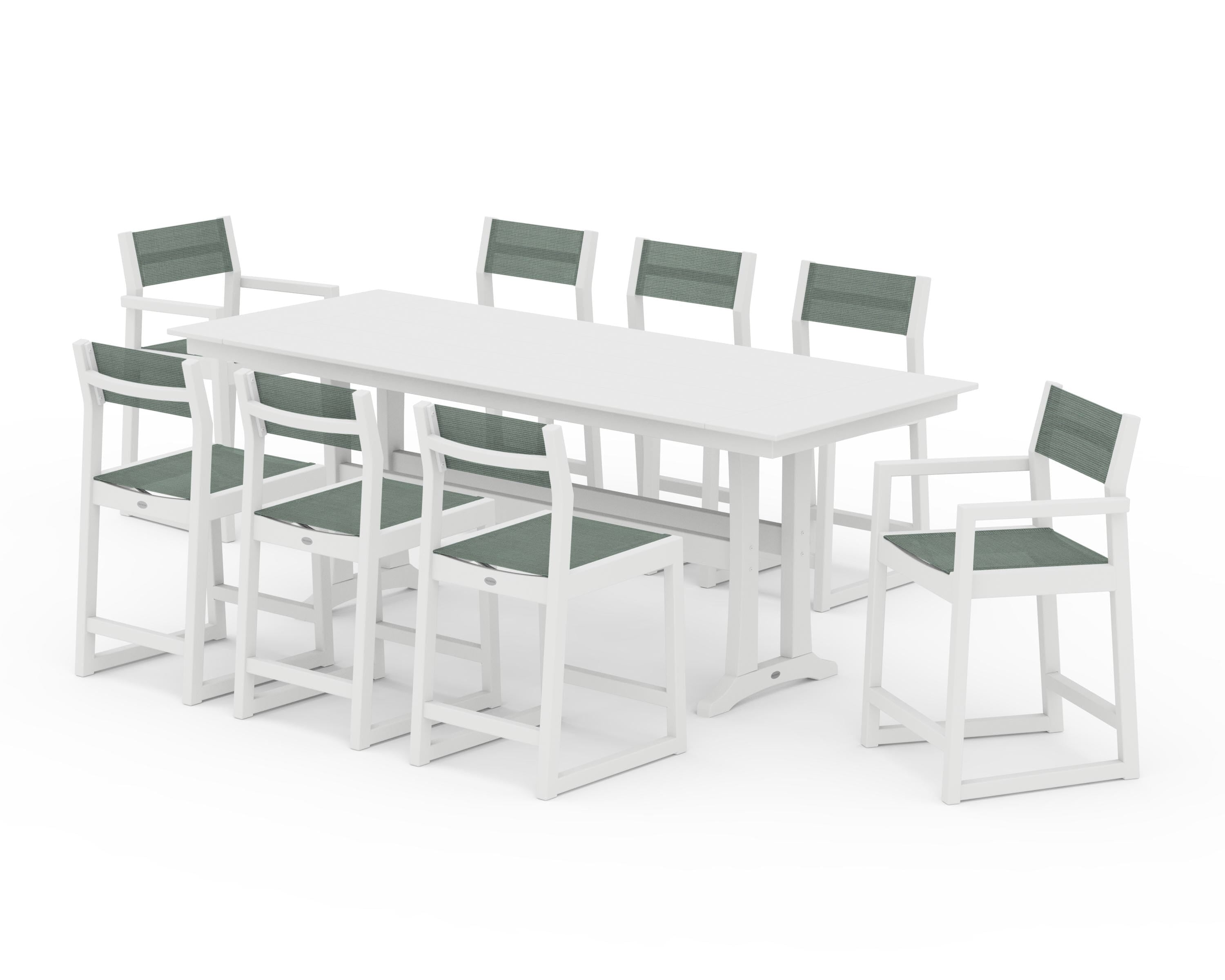 POLYWOOD EDGE Sling 9-Piece Farmhouse Counter Set with Trestle Legs in White / Dupioni Sea Mist Sling