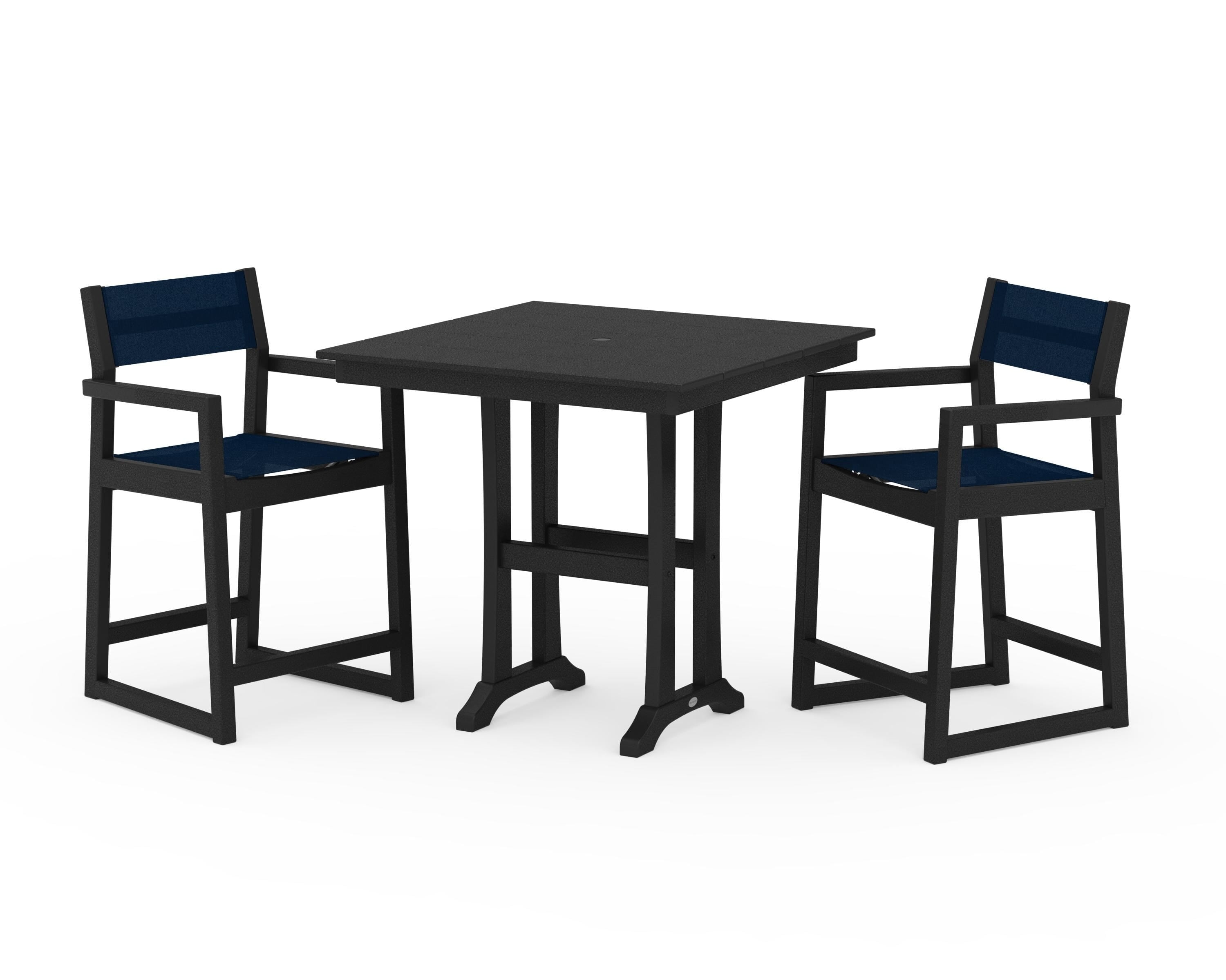 POLYWOOD EDGE Sling Arm Chair 3-Piece Farmhouse Counter Set with Trestle Legs in Black / Navy Blue Sling