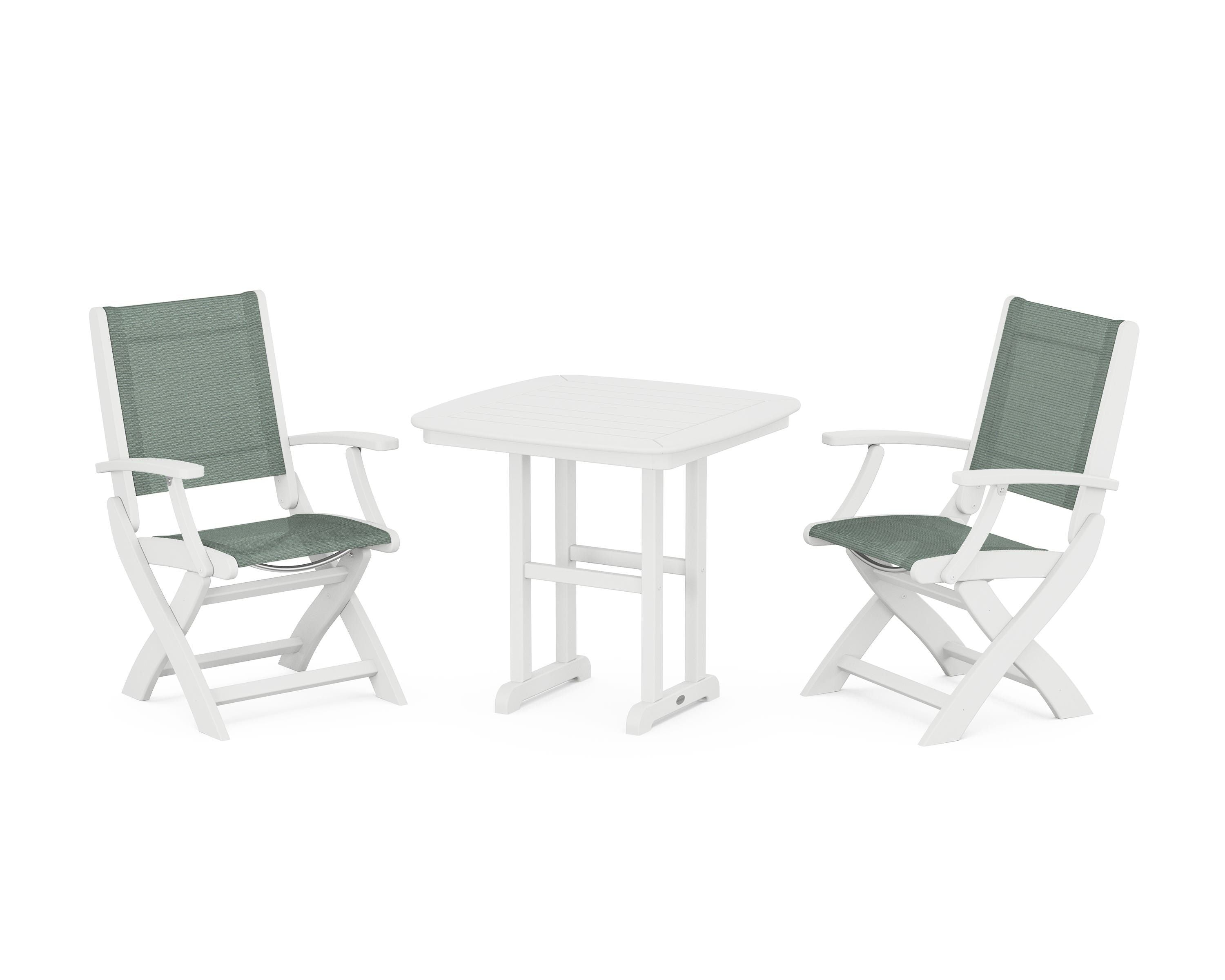 POLYWOOD Coastal Folding Chair 3-Piece Dining Set in White / Dupioni Sea Mist Sling