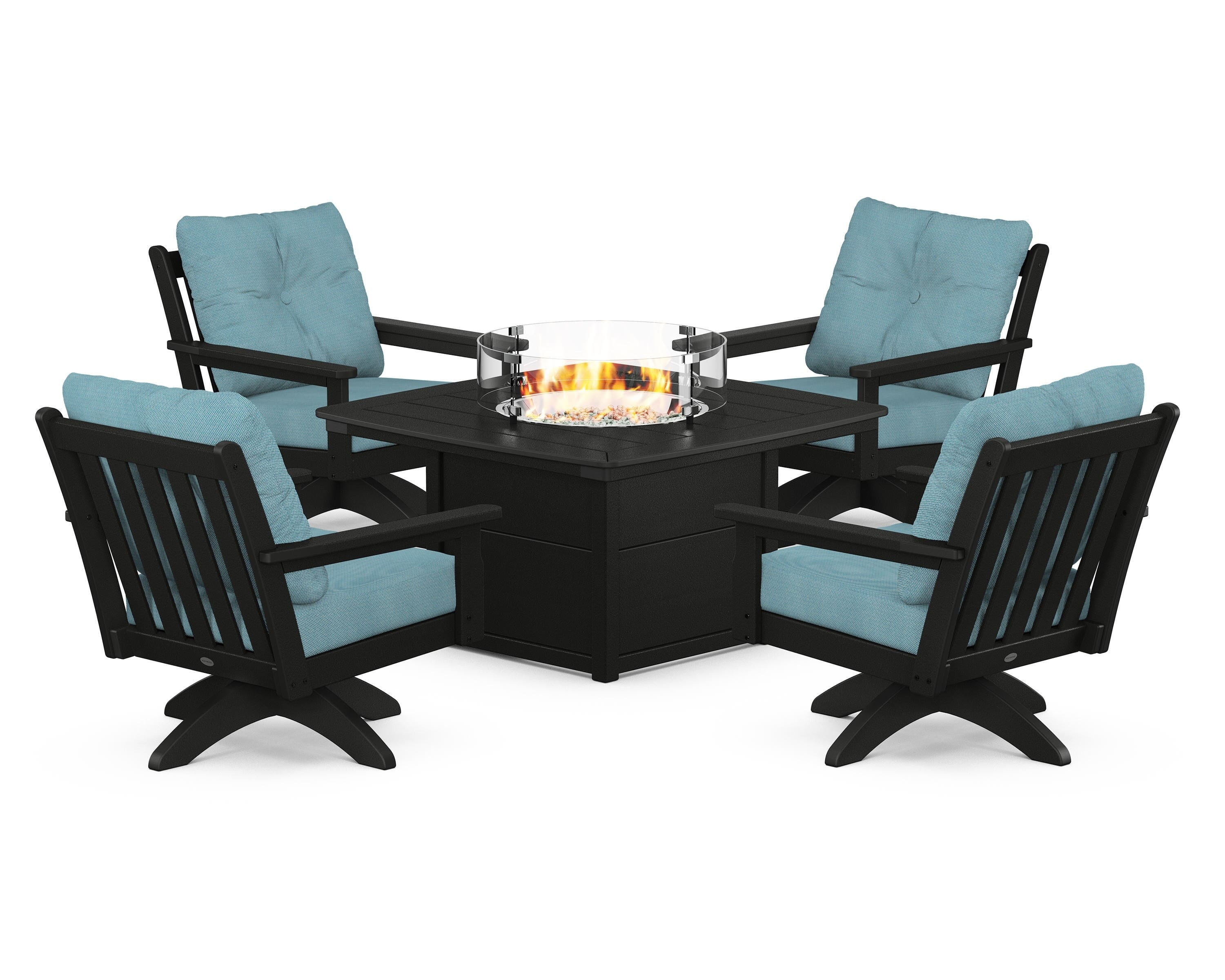 POLYWOOD Vineyard 5-Piece Deep Seating Swivel Conversation Set with Fire Pit Table in Black / Lattice Sky Blue