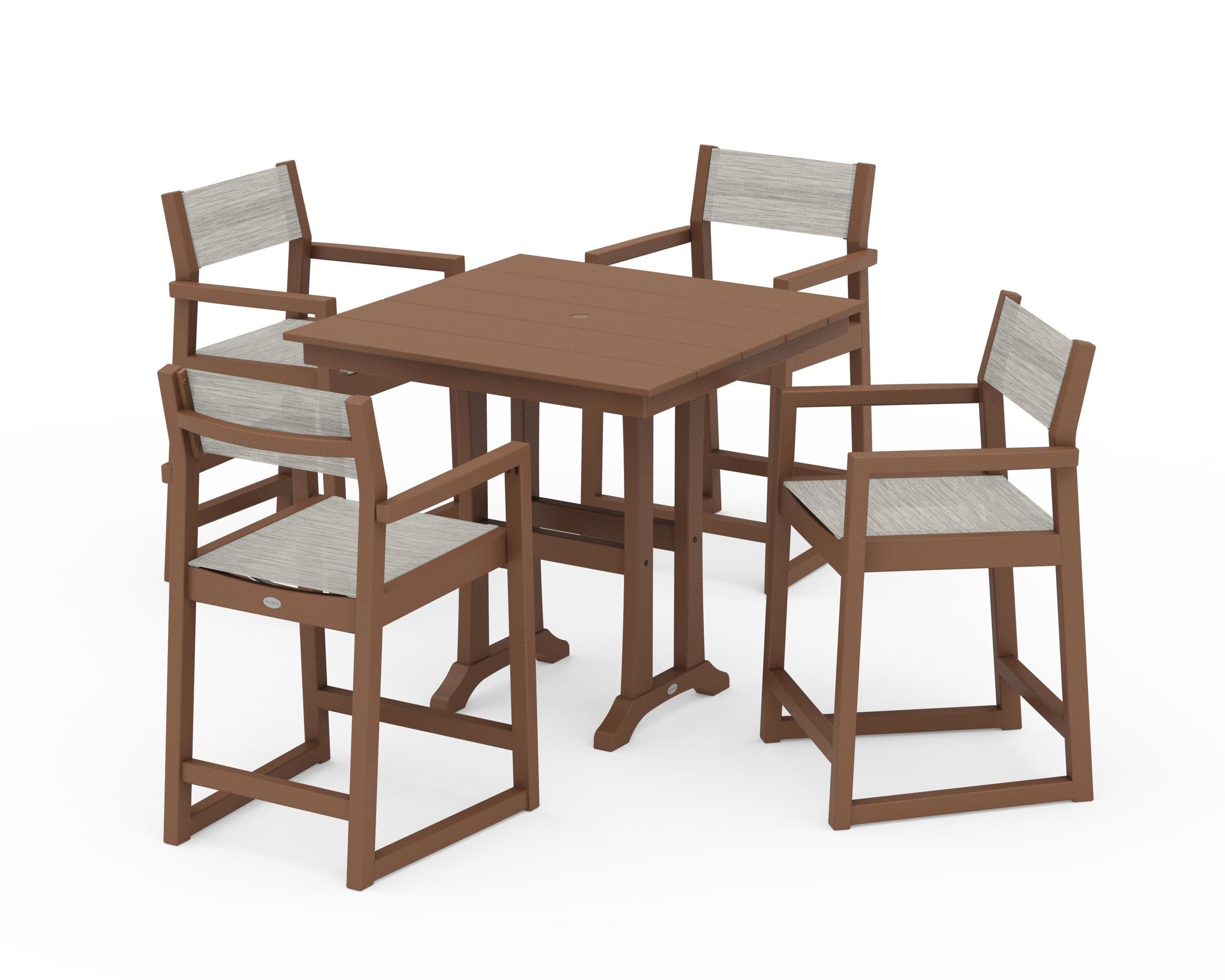 POLYWOOD EDGE Sling Arm Chair 5-Piece Farmhouse Counter Set with Trestle Legs in Teak / Birch Sling