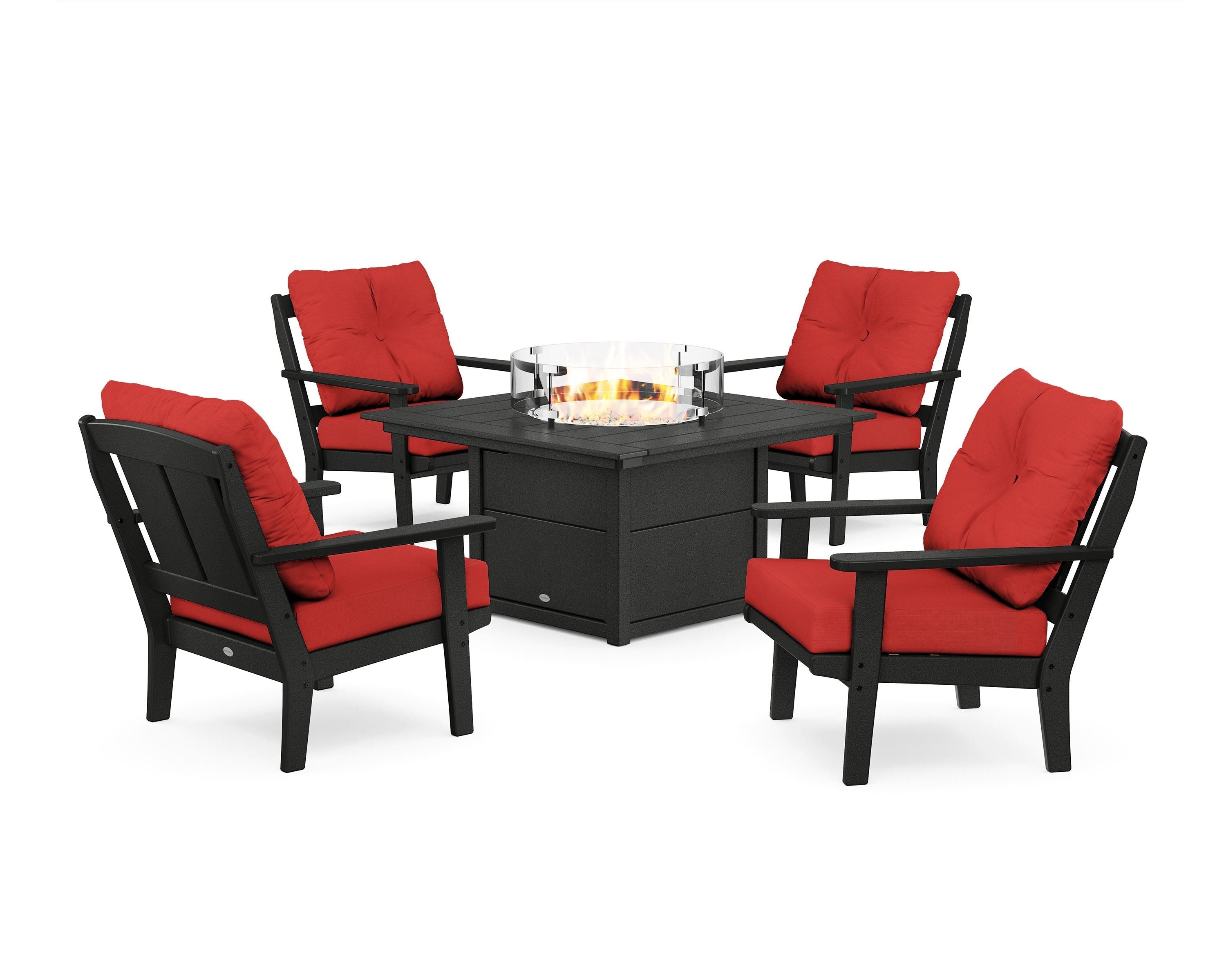 POLYWOOD Mission 5-Piece Deep Seating Set with Fire Pit Table in Black / Crimson Linen