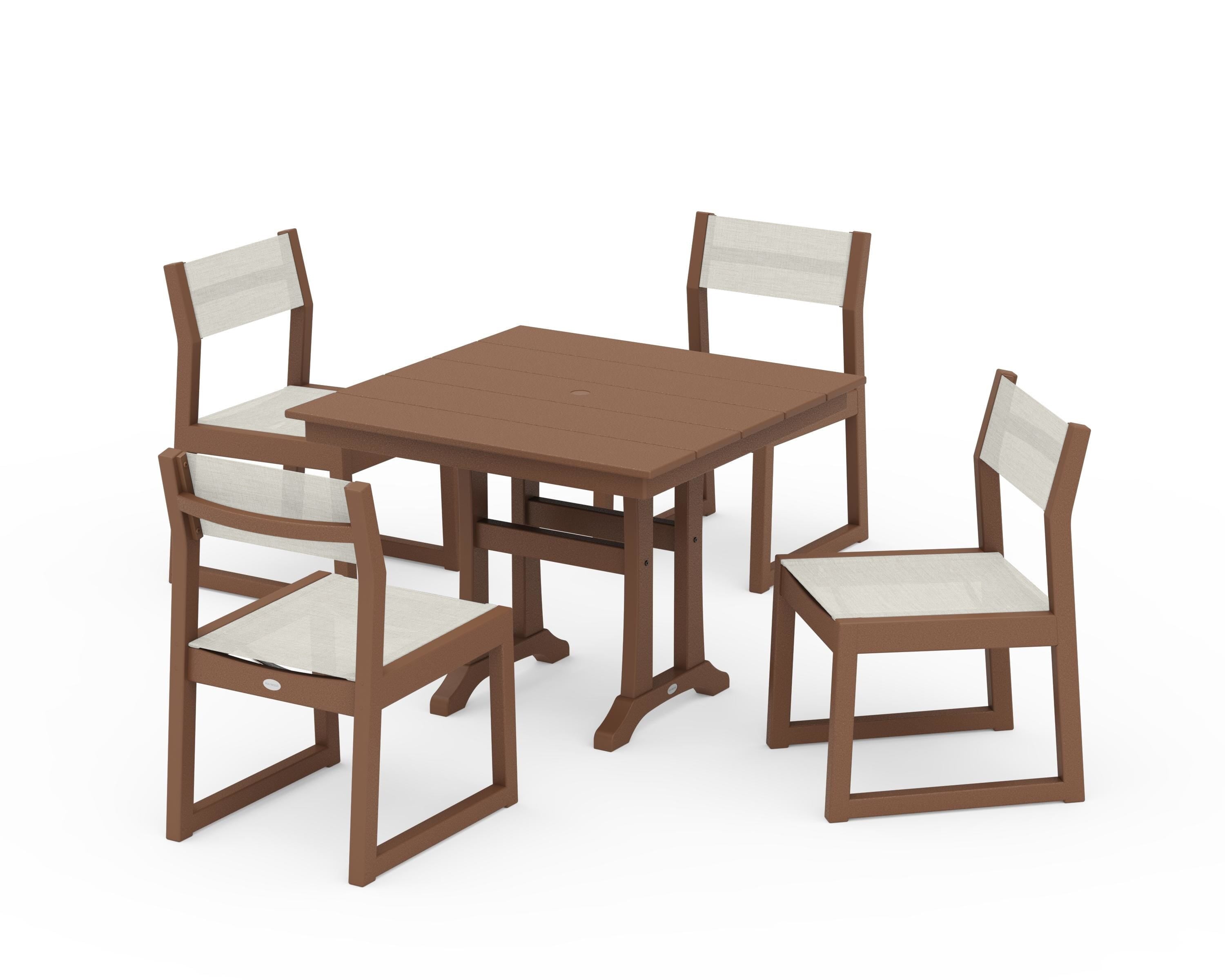 POLYWOOD EDGE Sling 5-Piece Farmhouse Trestle Side Chair Dining Set in Teak / Parchment Sling