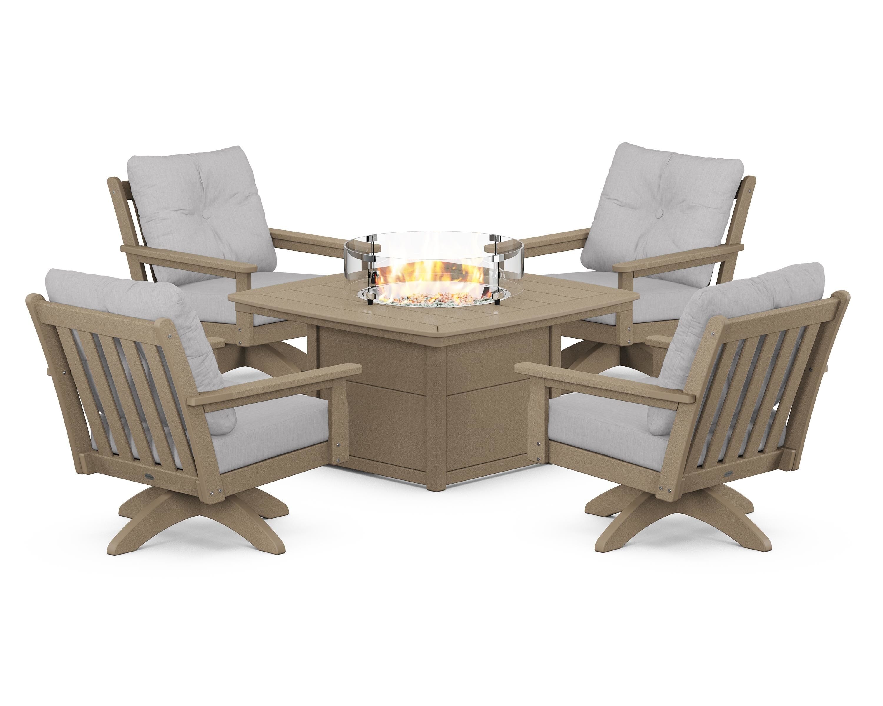 POLYWOOD Vineyard 5-Piece Deep Seating Swivel Conversation Set with Fire Pit Table in Vintage Sahara / Granite