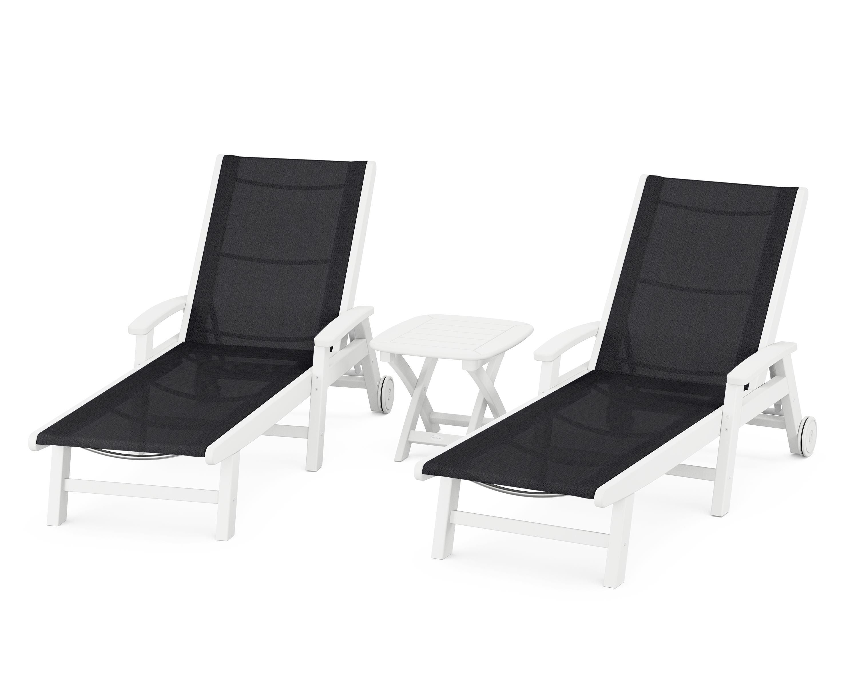 POLYWOOD Coastal 3-Piece Wheeled Chaise Set in White / Black Sling