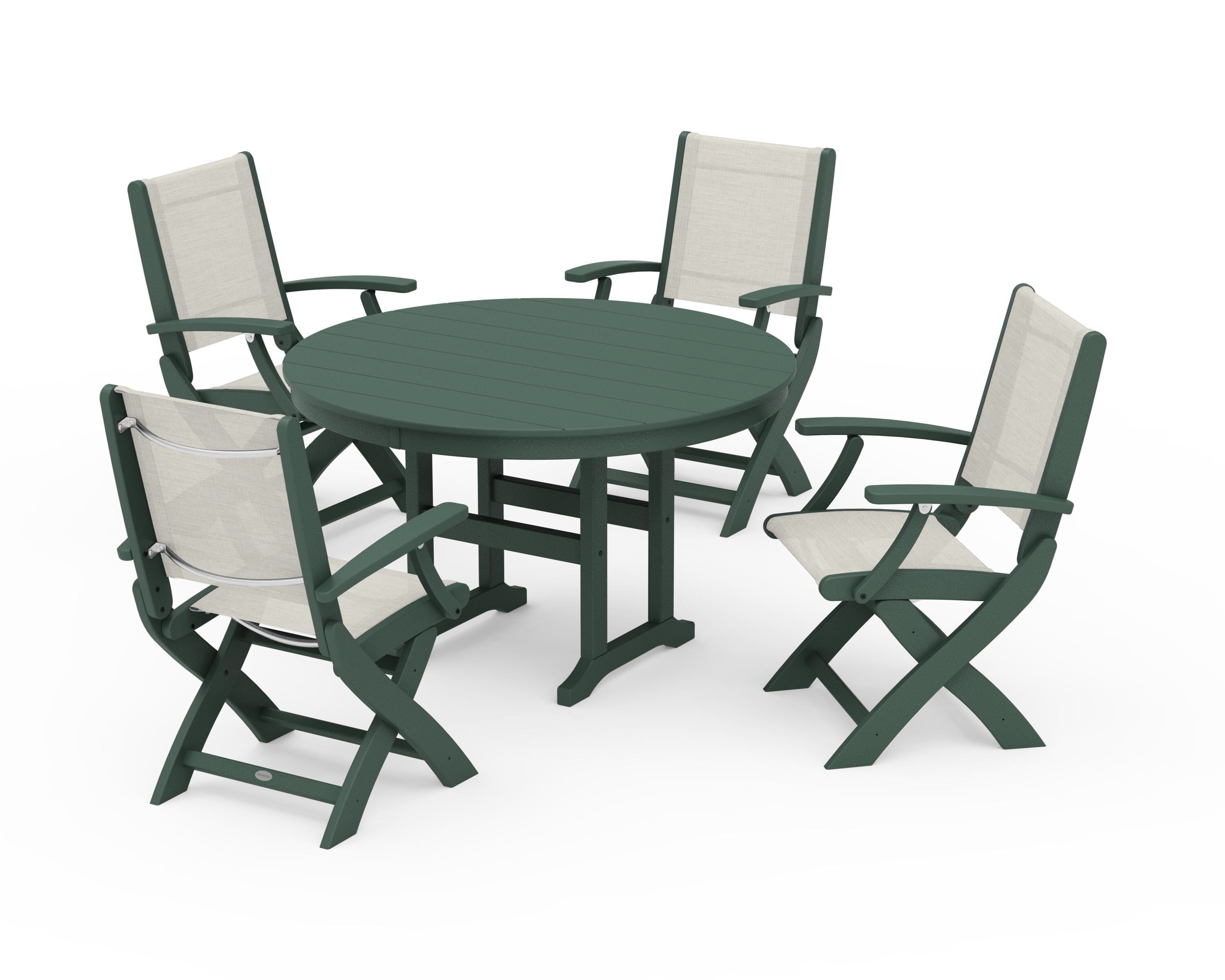POLYWOOD Coastal Folding Chair 5-Piece Round Dining Set in Green / Parchment Sling