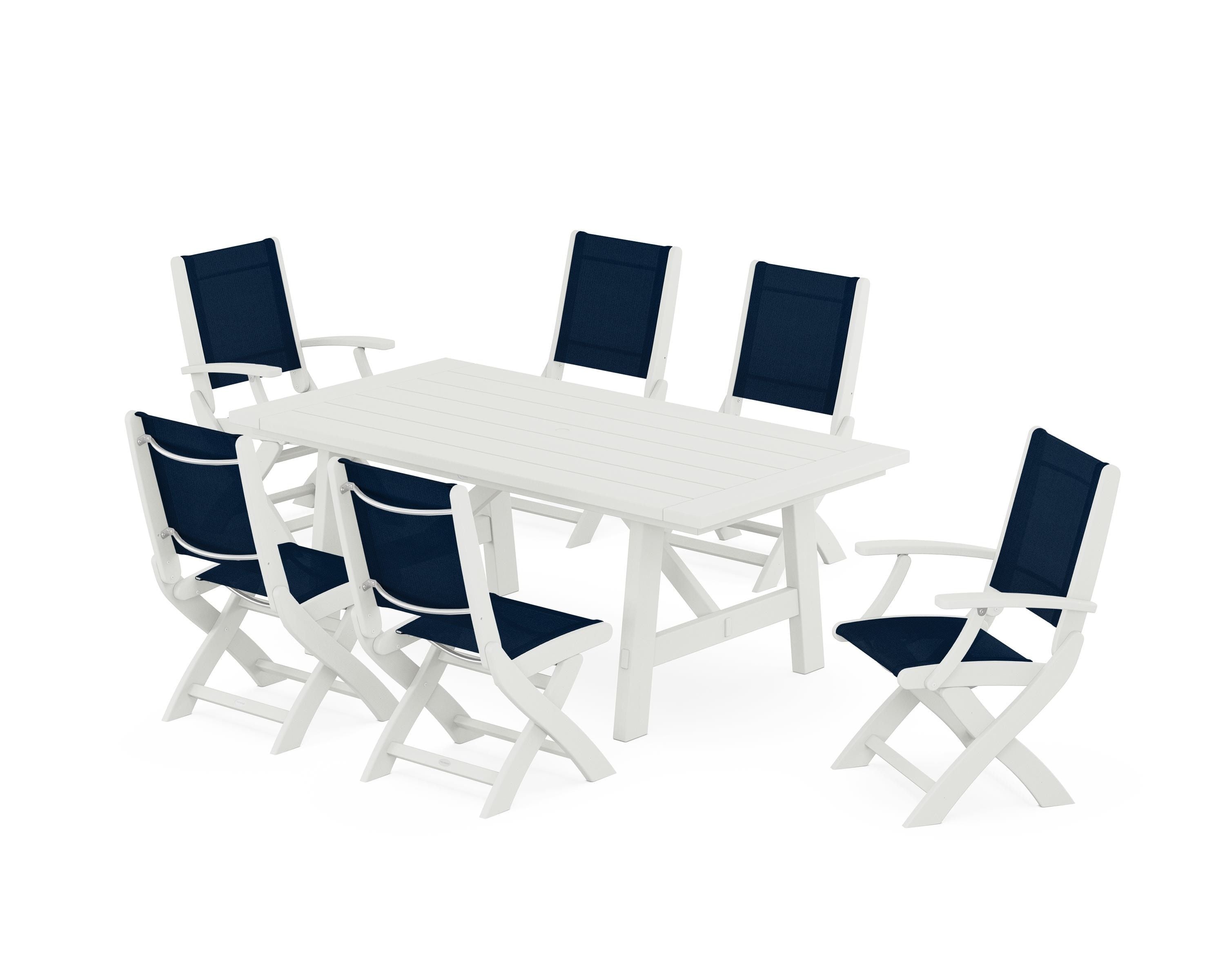 POLYWOOD Coastal Folding Chair 7-Piece Rustic Farmhouse Dining Set in Vintage White / Navy Blue Sling