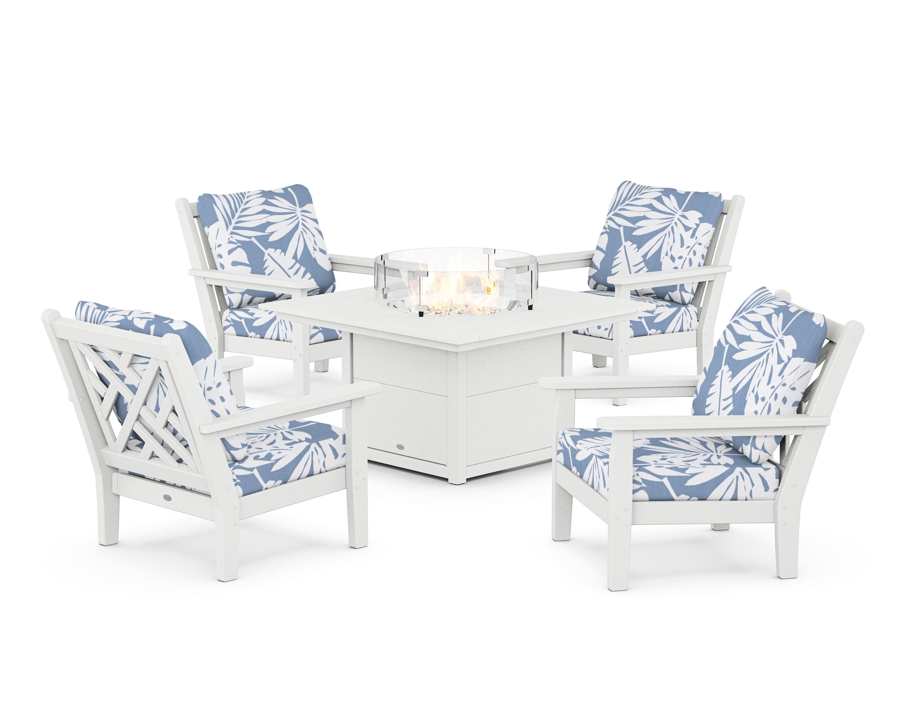 POLYWOOD Chippendale 5-Piece Deep Seating Set with Fire Pit Table in White / Leaf Sky Blue