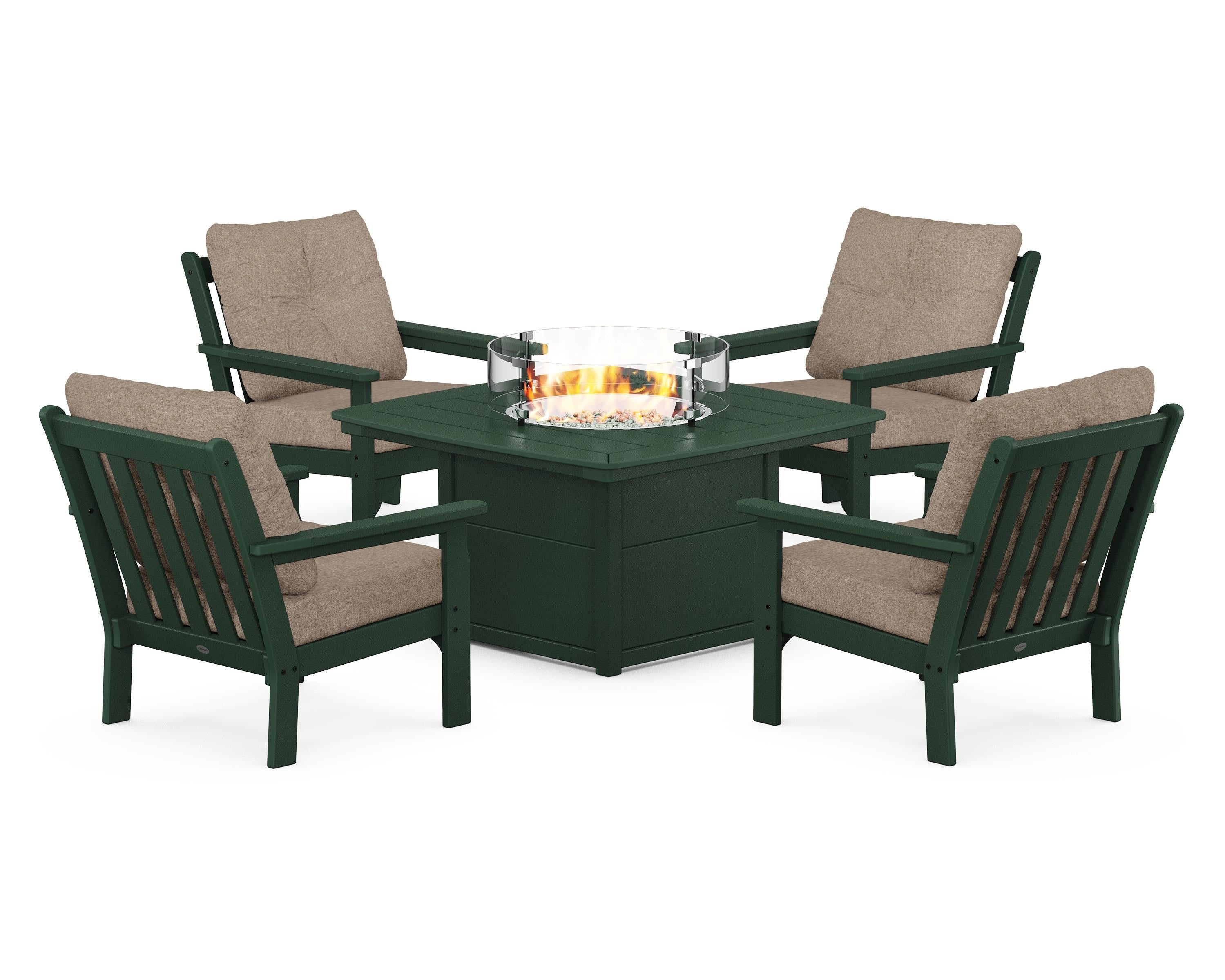 POLYWOOD Vineyard 5-Piece Conversation Set with Fire Pit Table in Green / Spiced Burlap