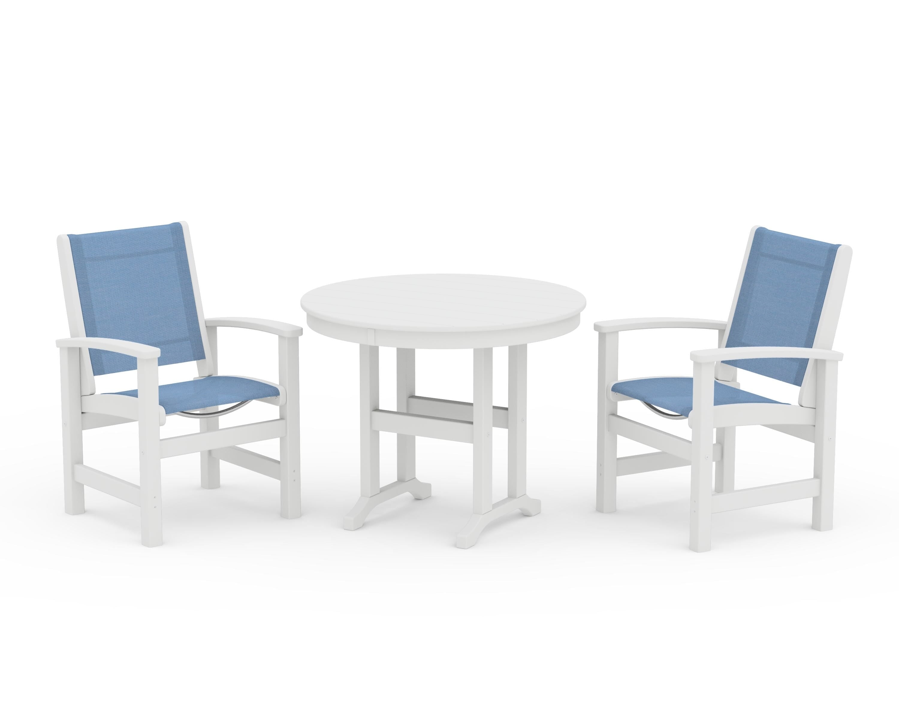 POLYWOOD Coastal 3-Piece Round Dining Set in White / Poolside Sling