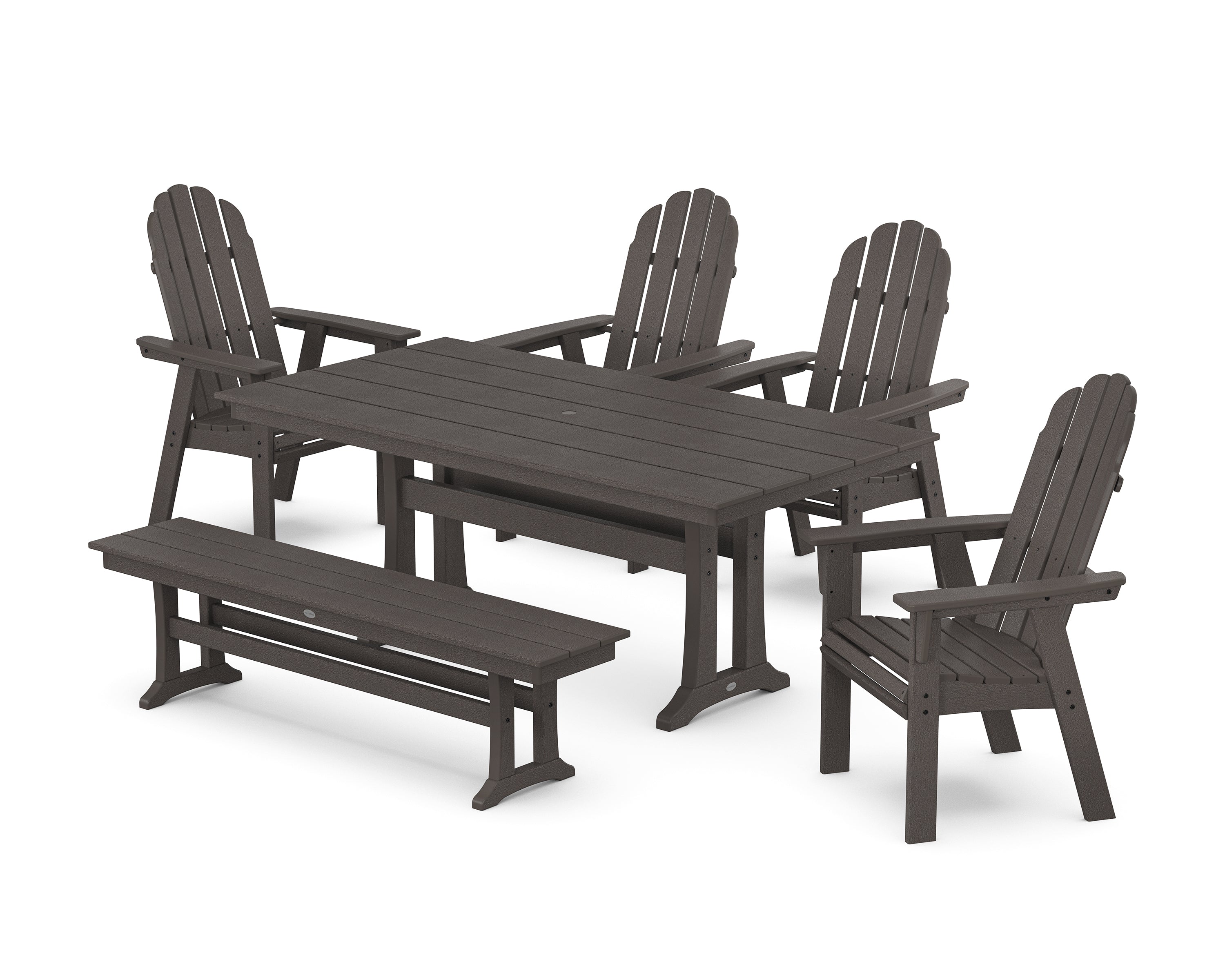 POLYWOOD Vineyard Curveback Adirondack Chair 6-Piece Farmhouse Dining Set with Trestle Legs and Bench in Vintage Coffee