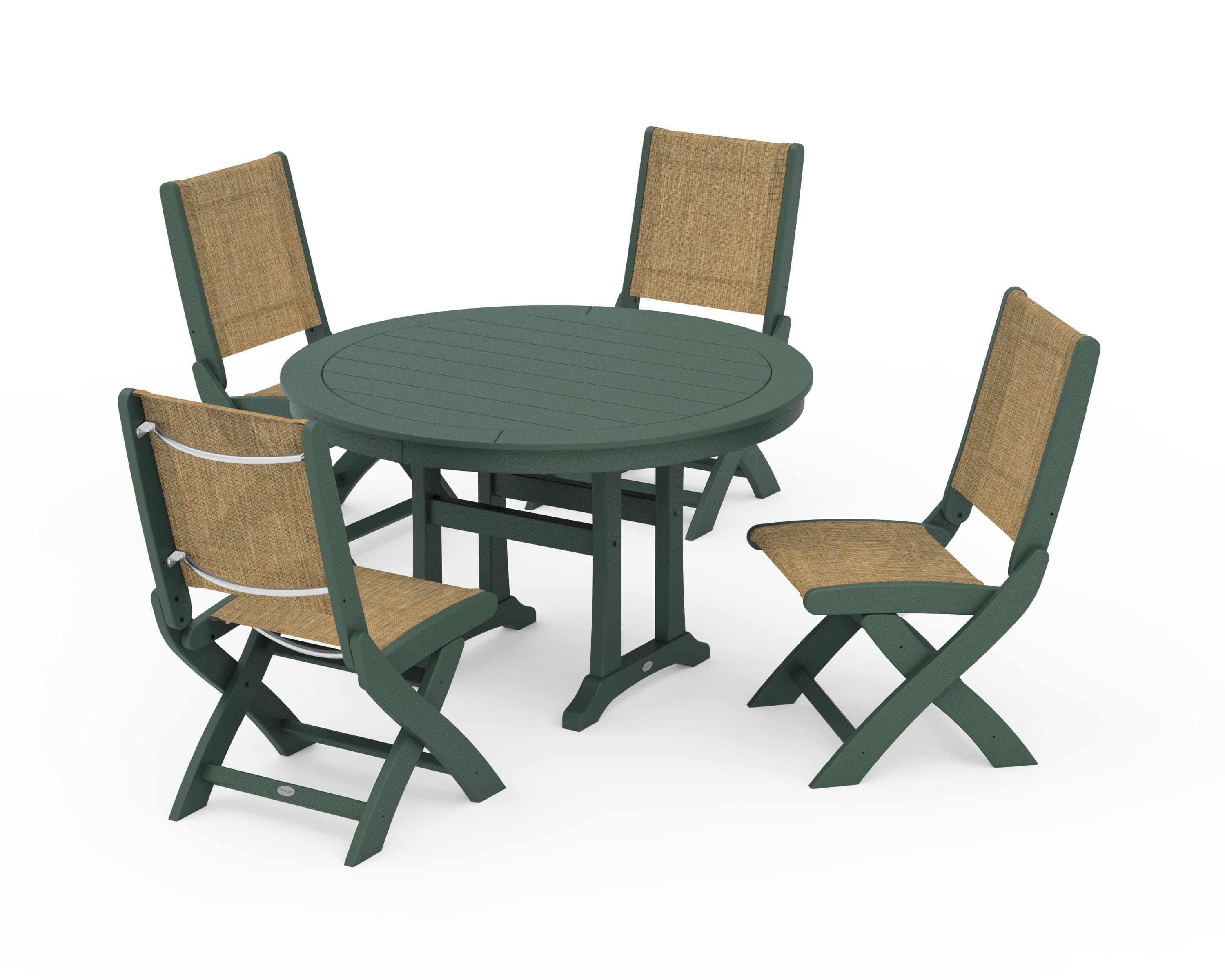 POLYWOOD Coastal Folding Side Chair 5-Piece Round Dining Set With Trestle Legs in Green / Burlap Sling