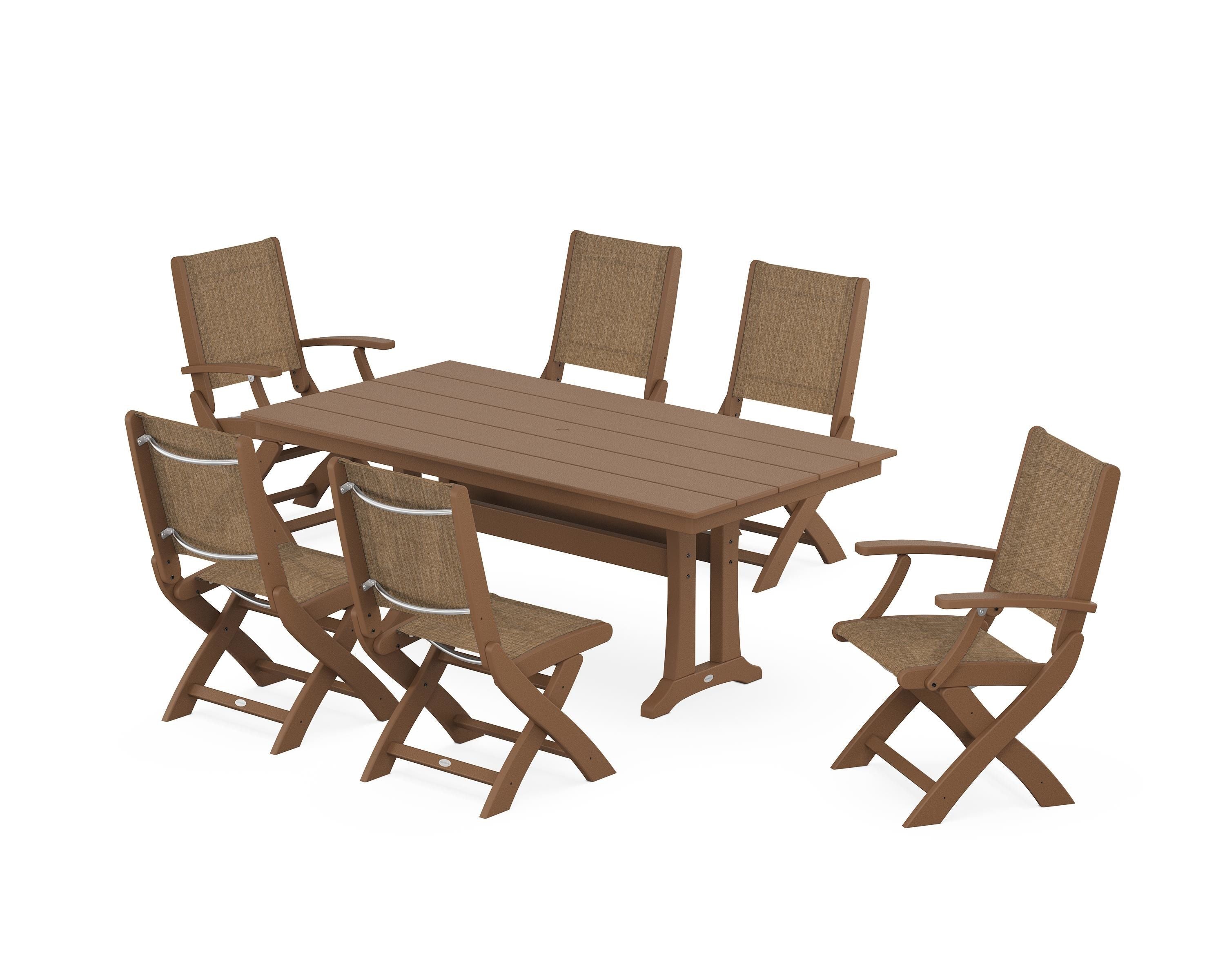 POLYWOOD Coastal Folding Chair 7-Piece Farmhouse Dining Set with Trestle Legs in Teak / Burlap Sling