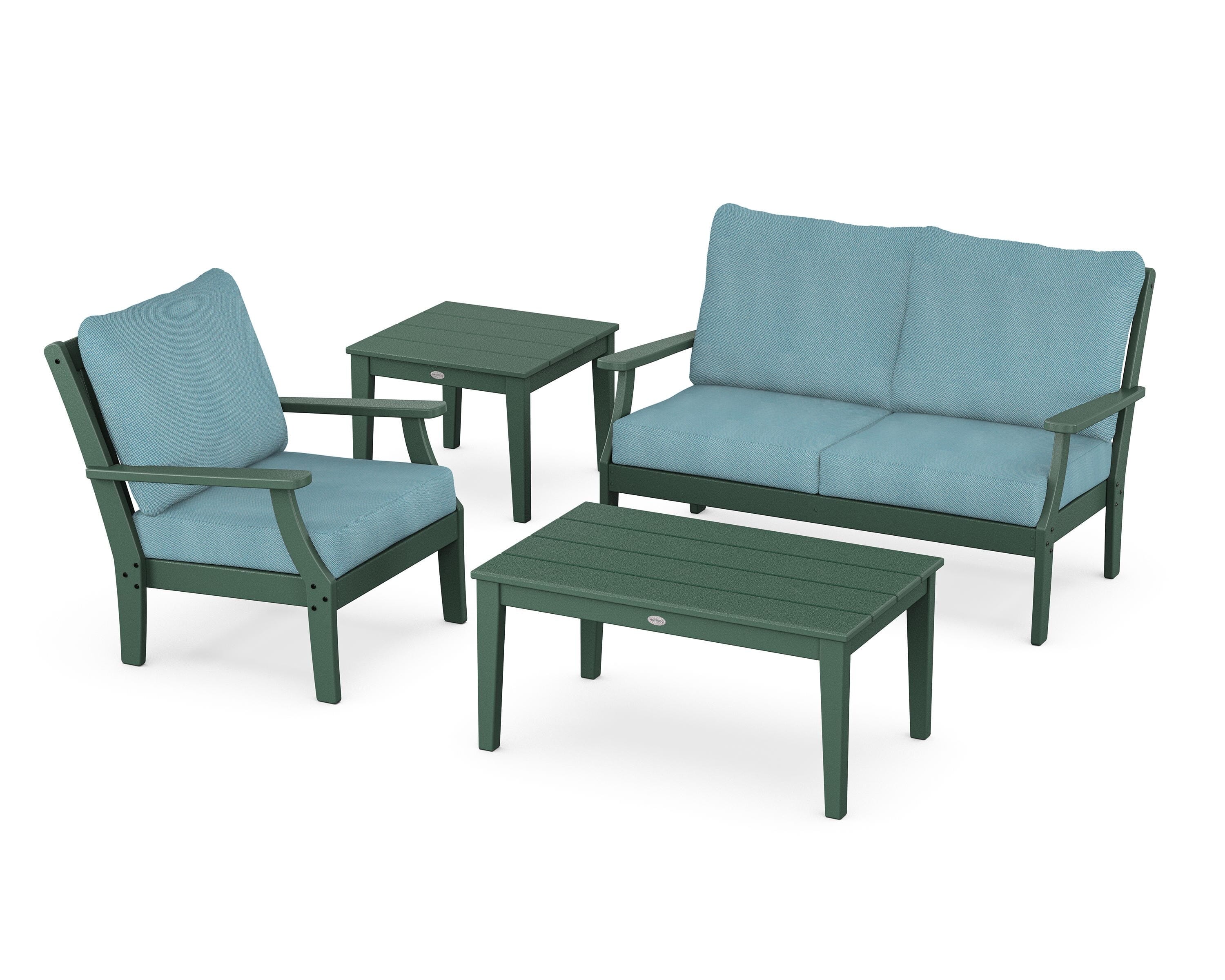 POLYWOOD Braxton 4-Piece Deep Seating Set in Green / Lattice Sky Blue