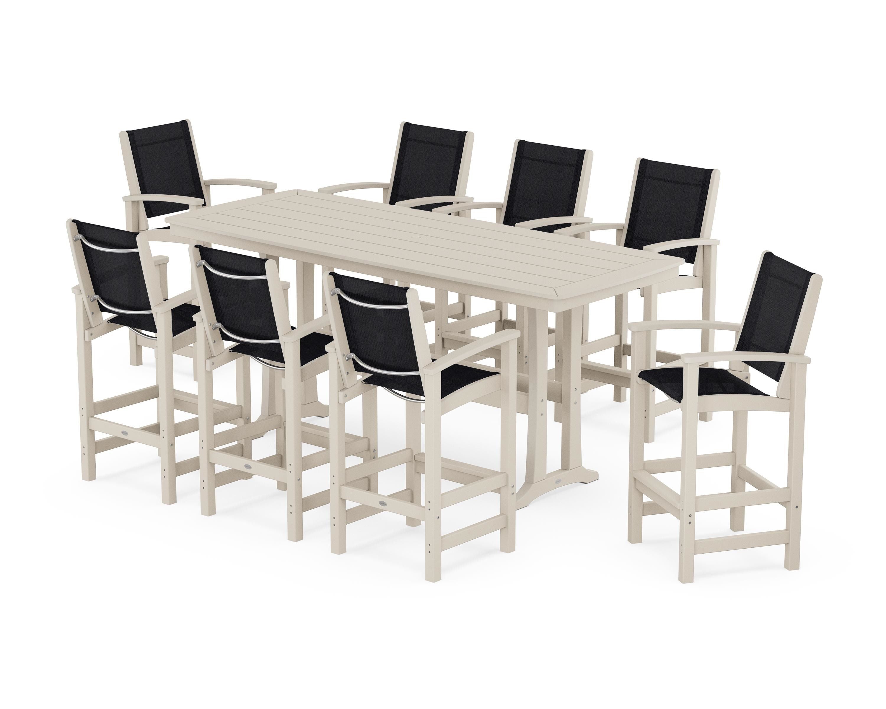 POLYWOOD Coastal 9-Piece Bar Set with Trestle Legs in Sand / Black Sling