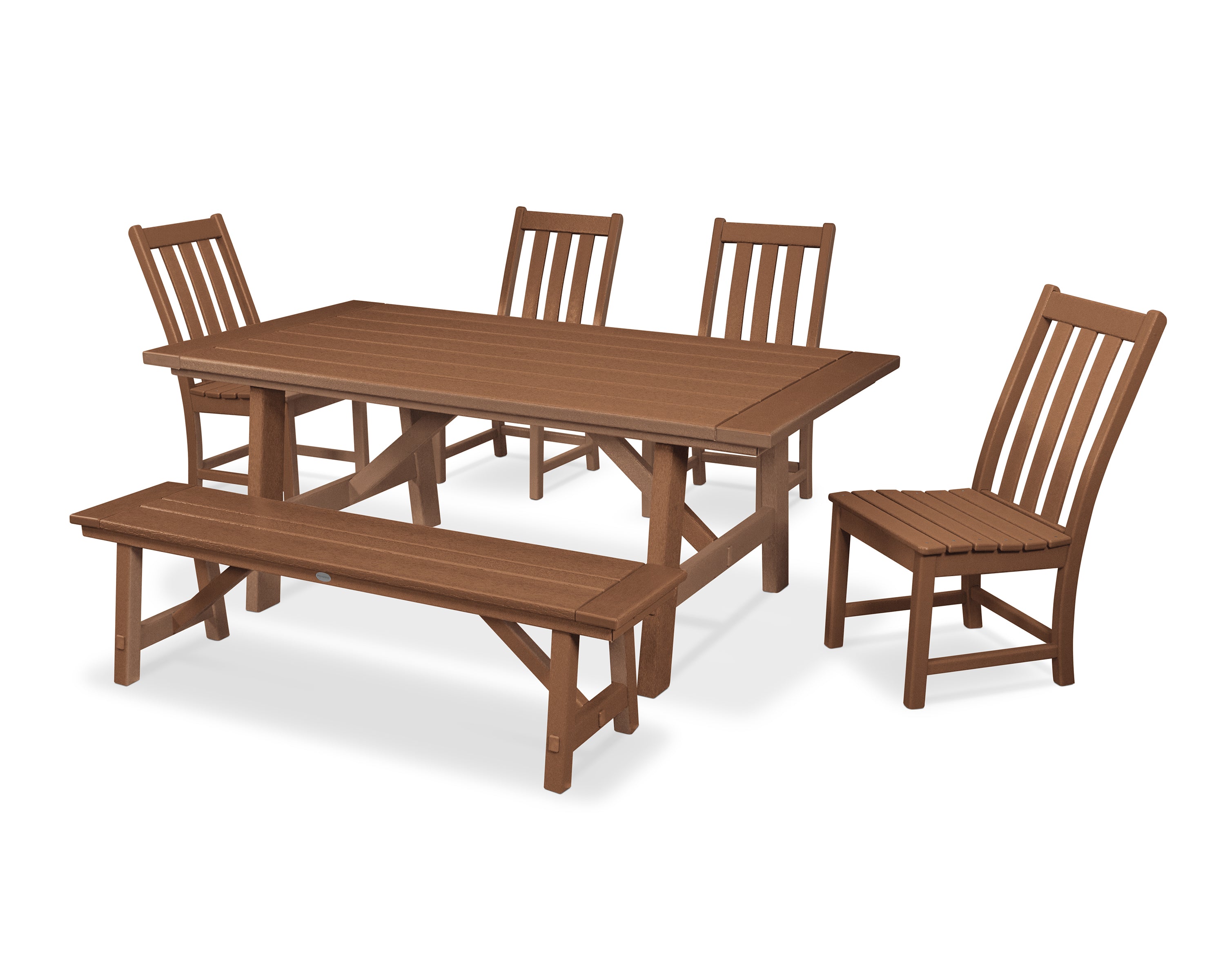 POLYWOOD® Vineyard 6-Piece Rustic Farmhouse Side Chair Dining Set with Bench in Teak