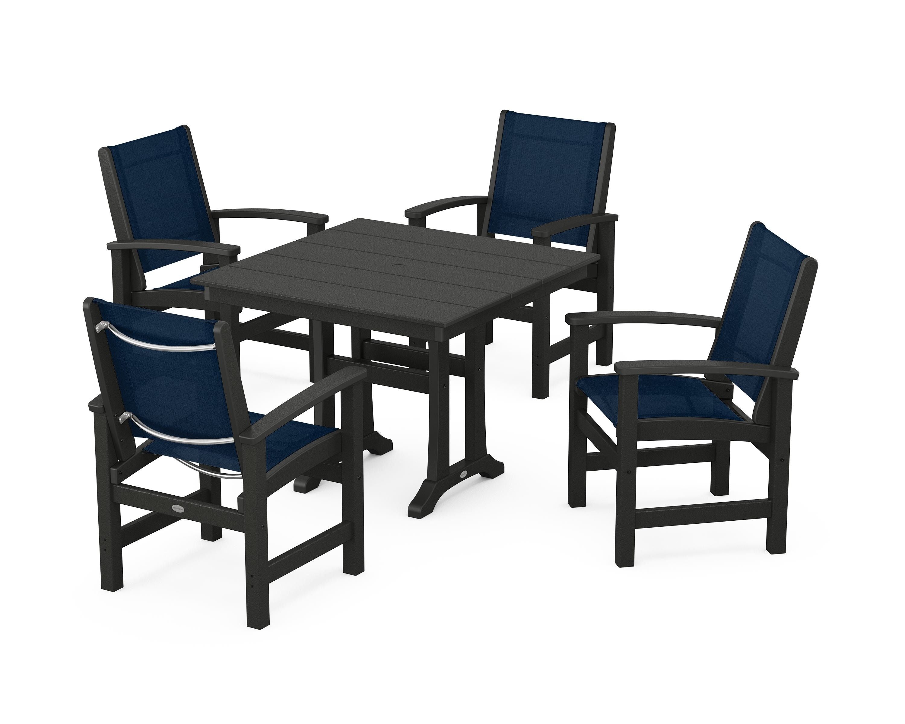 POLYWOOD Coastal 5-Piece Farmhouse Dining Set With Trestle Legs in Black / Navy Blue Sling