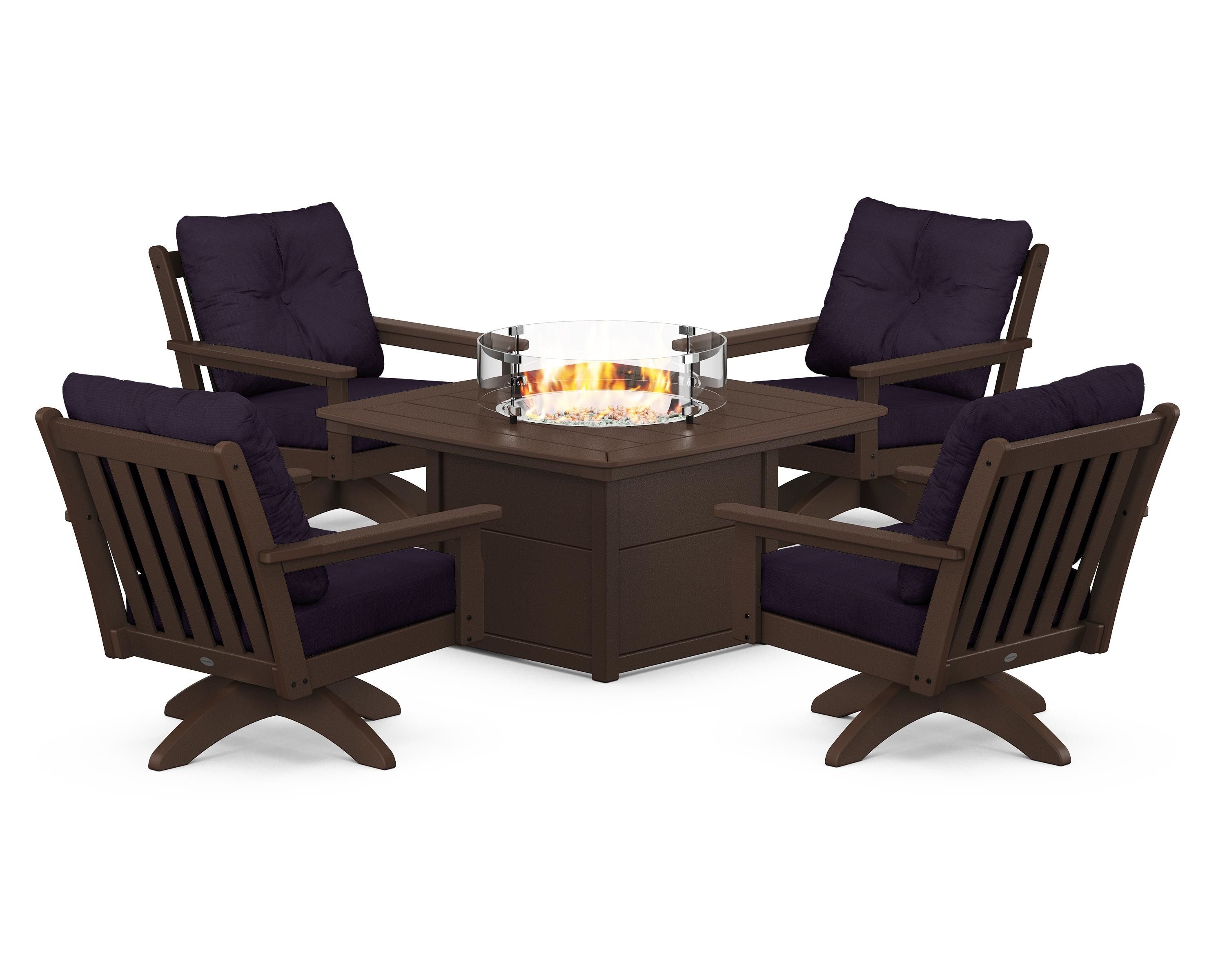 POLYWOOD Vineyard 5-Piece Deep Seating Swivel Conversation Set with Fire Pit Table in Mahogany / Navy Linen