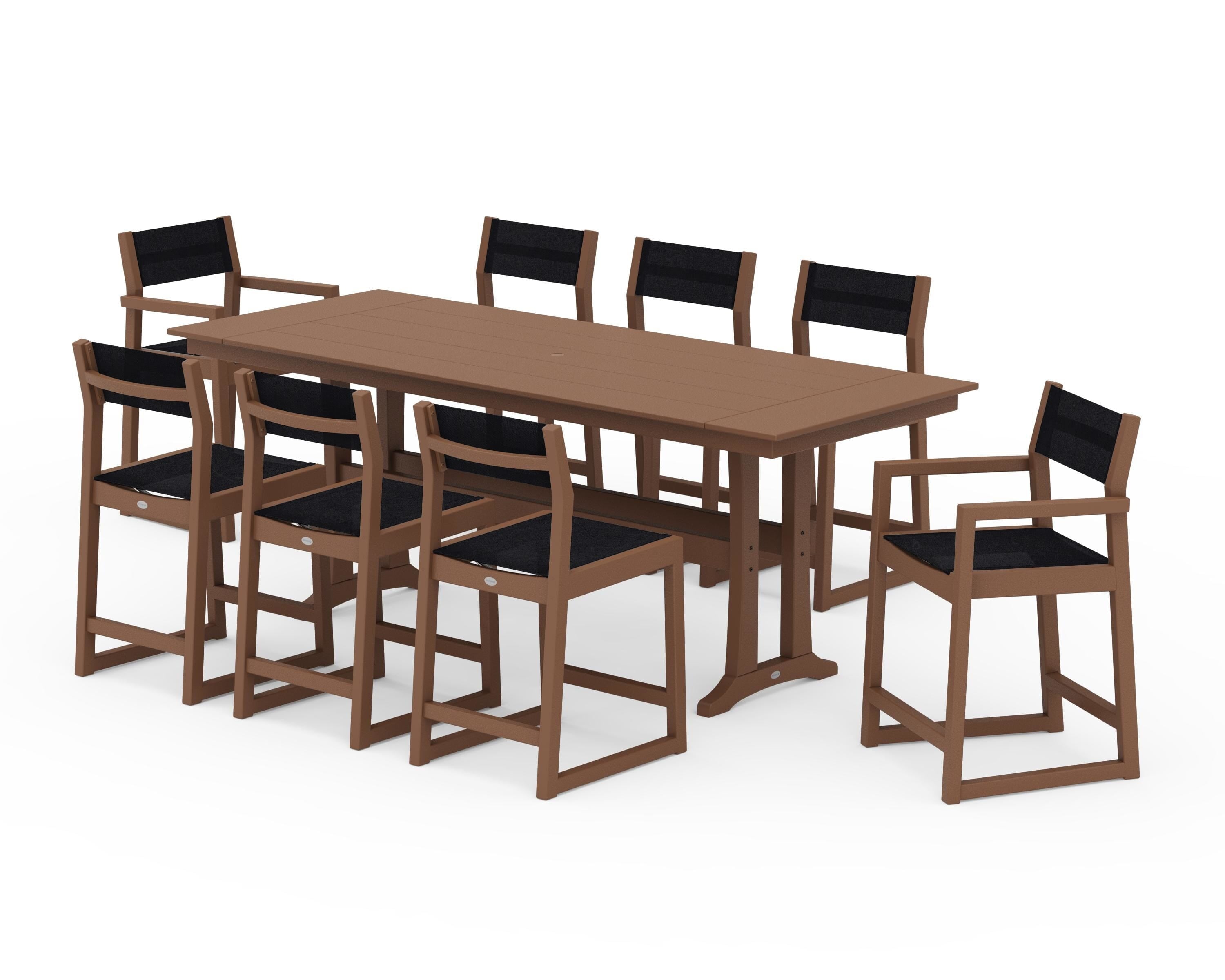 POLYWOOD EDGE Sling 9-Piece Farmhouse Counter Set with Trestle Legs in Teak / Black Sling