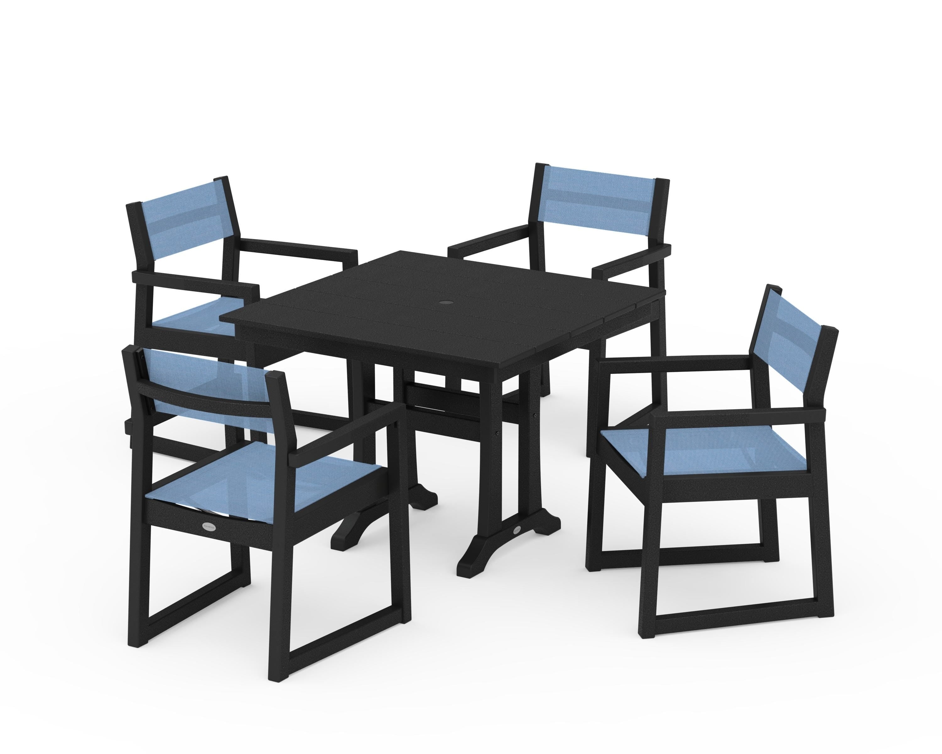 POLYWOOD EDGE Sling 5-Piece Farmhouse Dining Set with Trestle Legs in Black / Poolside Sling
