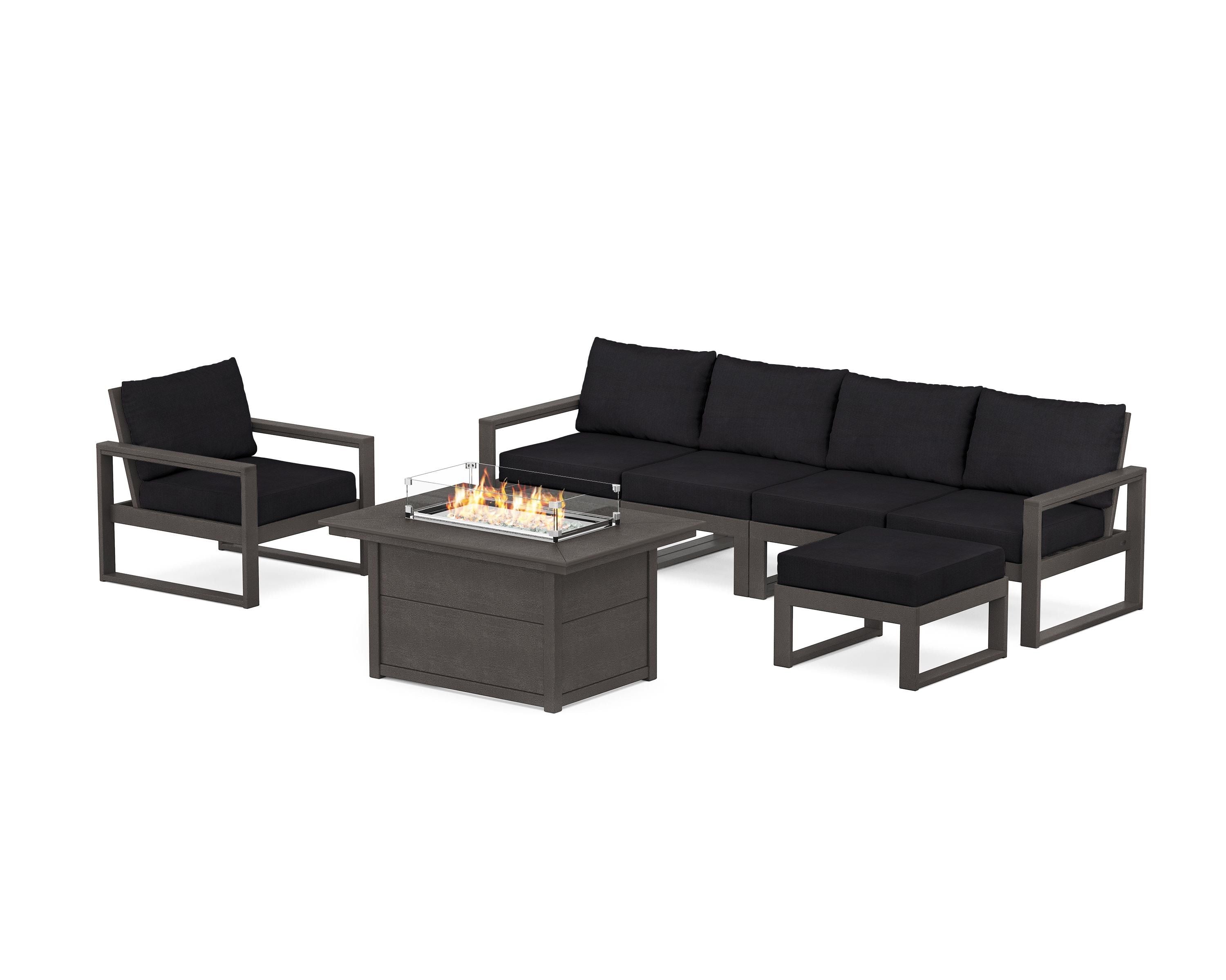 POLYWOOD EDGE Sectional Lounge and Fire Pit Set in Vintage Coffee / Midnight Linen
