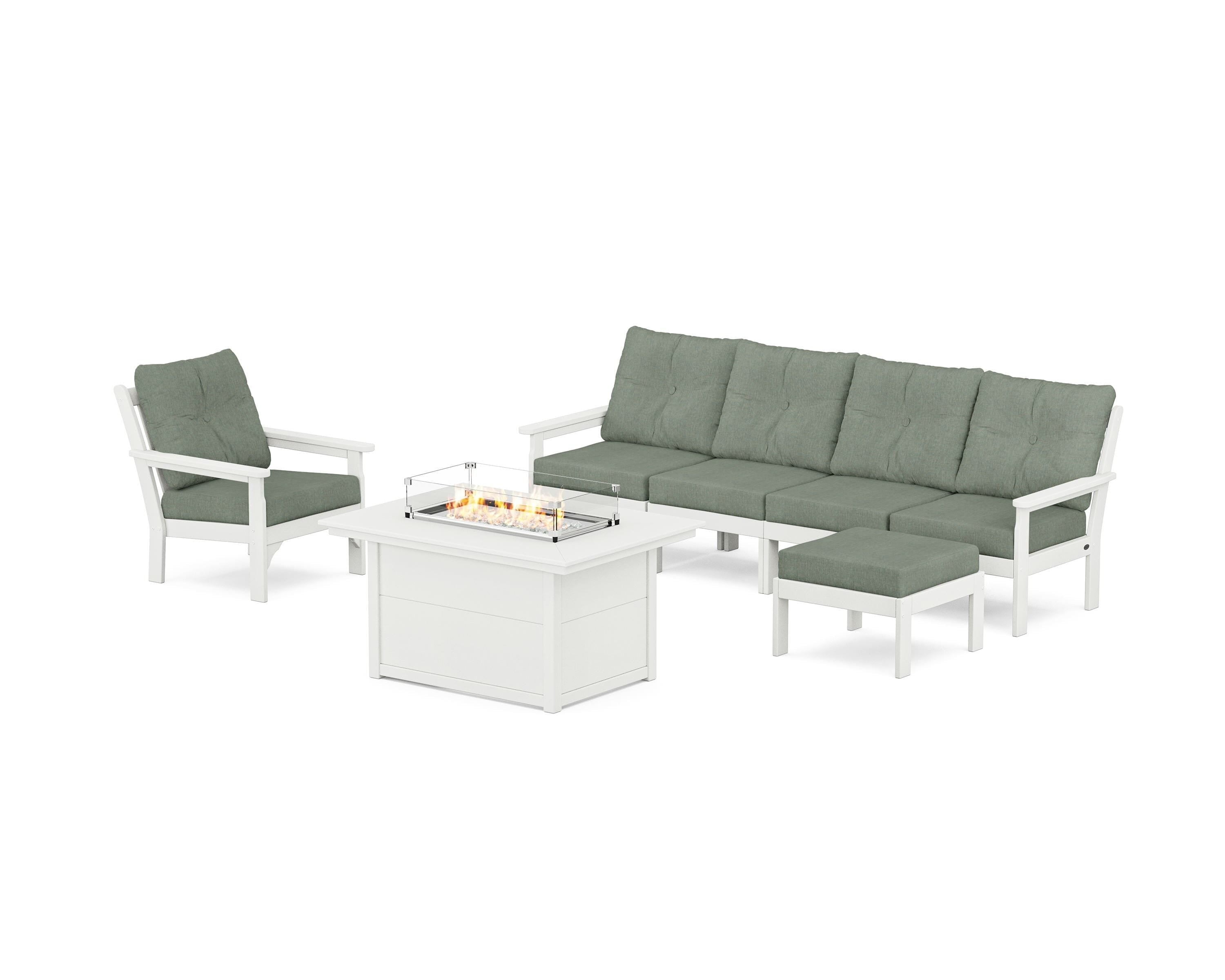 POLYWOOD Vineyard Sectional Lounge and Fire Pit Set in Vintage White / Cast Sage