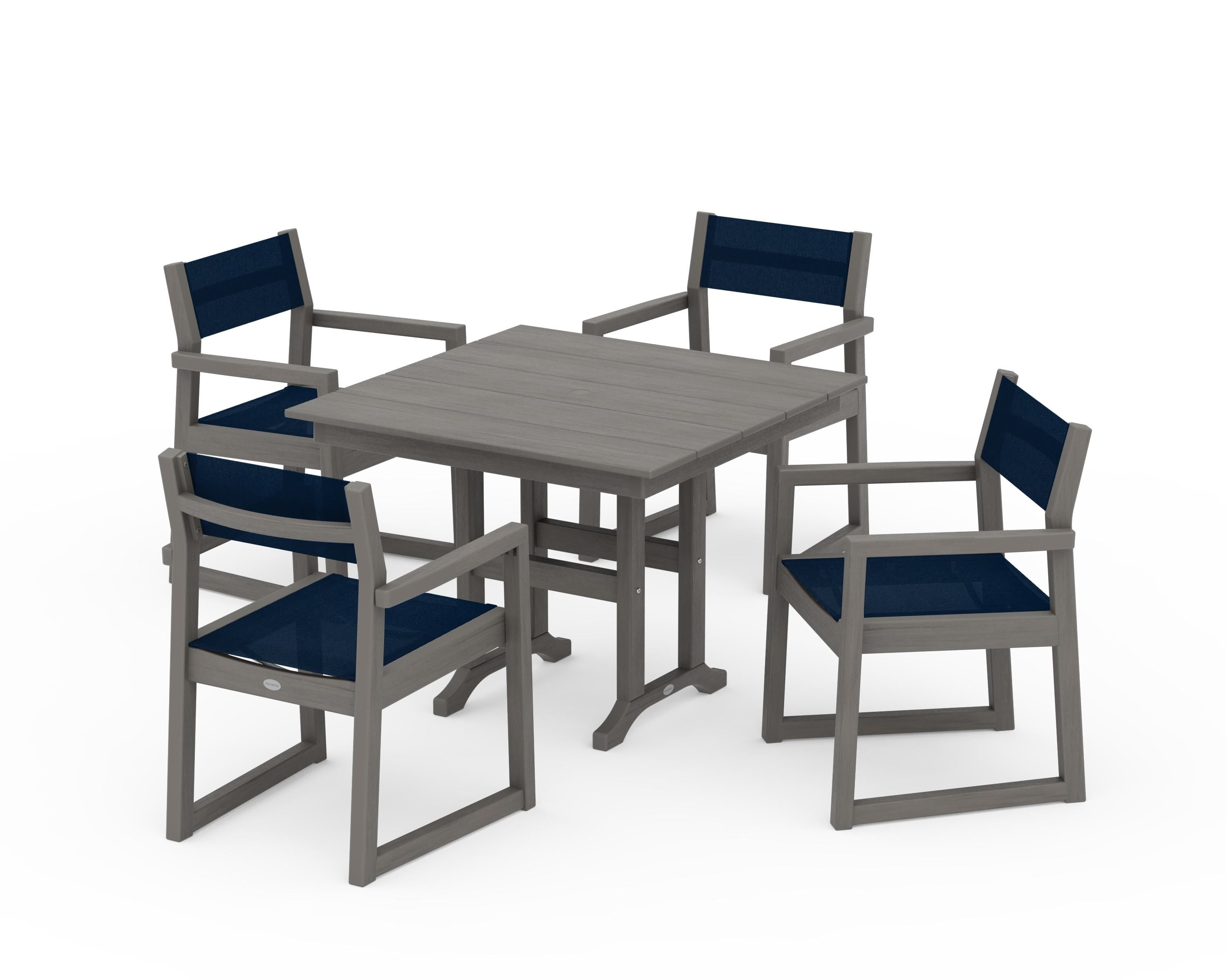 POLYWOOD EDGE Sling Arm Chair 5-Piece Farmhouse Dining Set in Driftwood / Navy Blue Sling