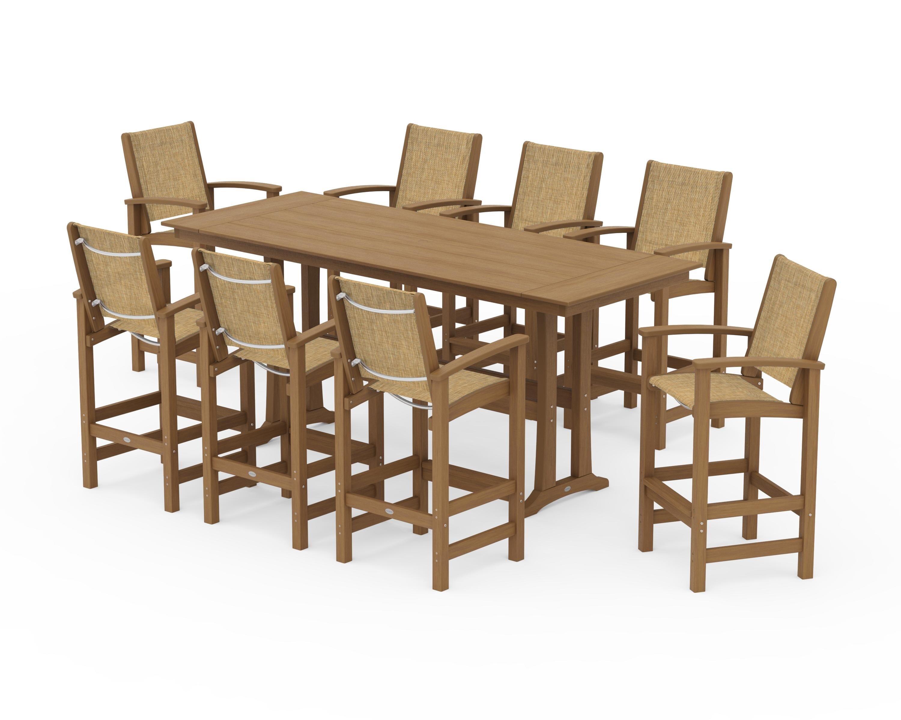 POLYWOOD Coastal 9-Piece Farmhouse Bar Set with Trestle Legs in Natural / Burlap Sling