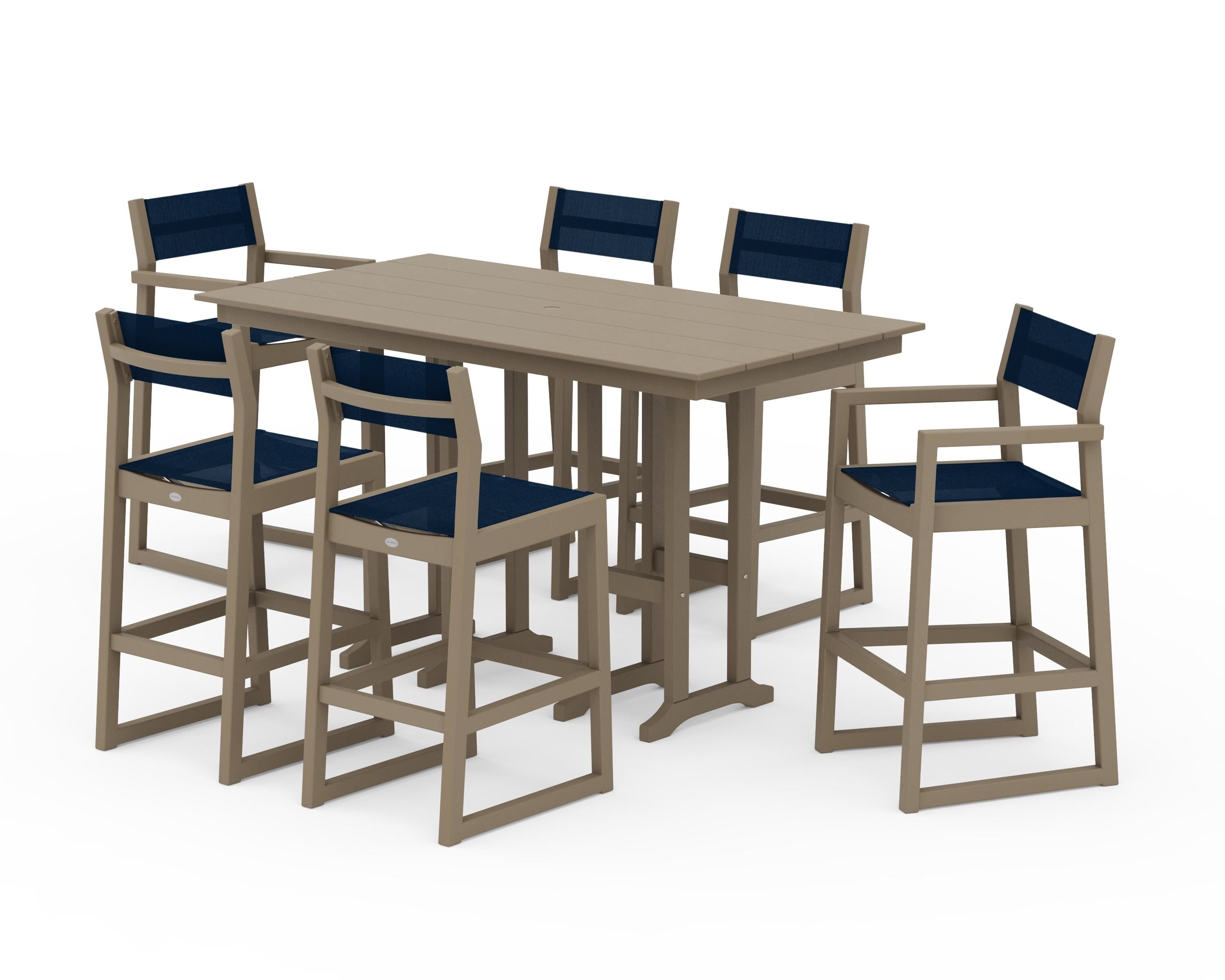 POLYWOOD EDGE Sling 7-Piece Farmhouse Bar Set in Vintage Sahara / Navy Blue Sling