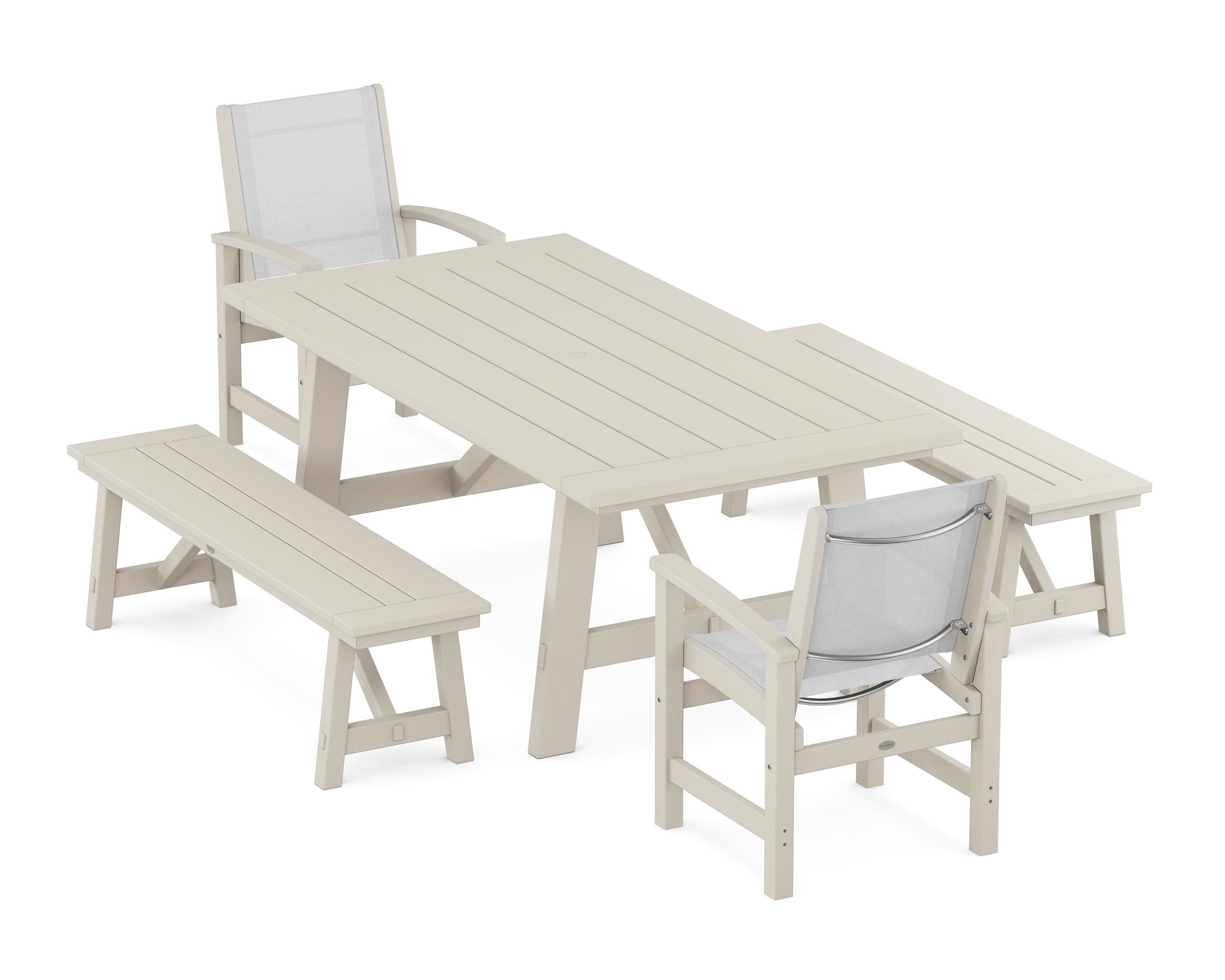 POLYWOOD Coastal 5-Piece Rustic Farmhouse Dining Set With Benches in Sand / White Sling