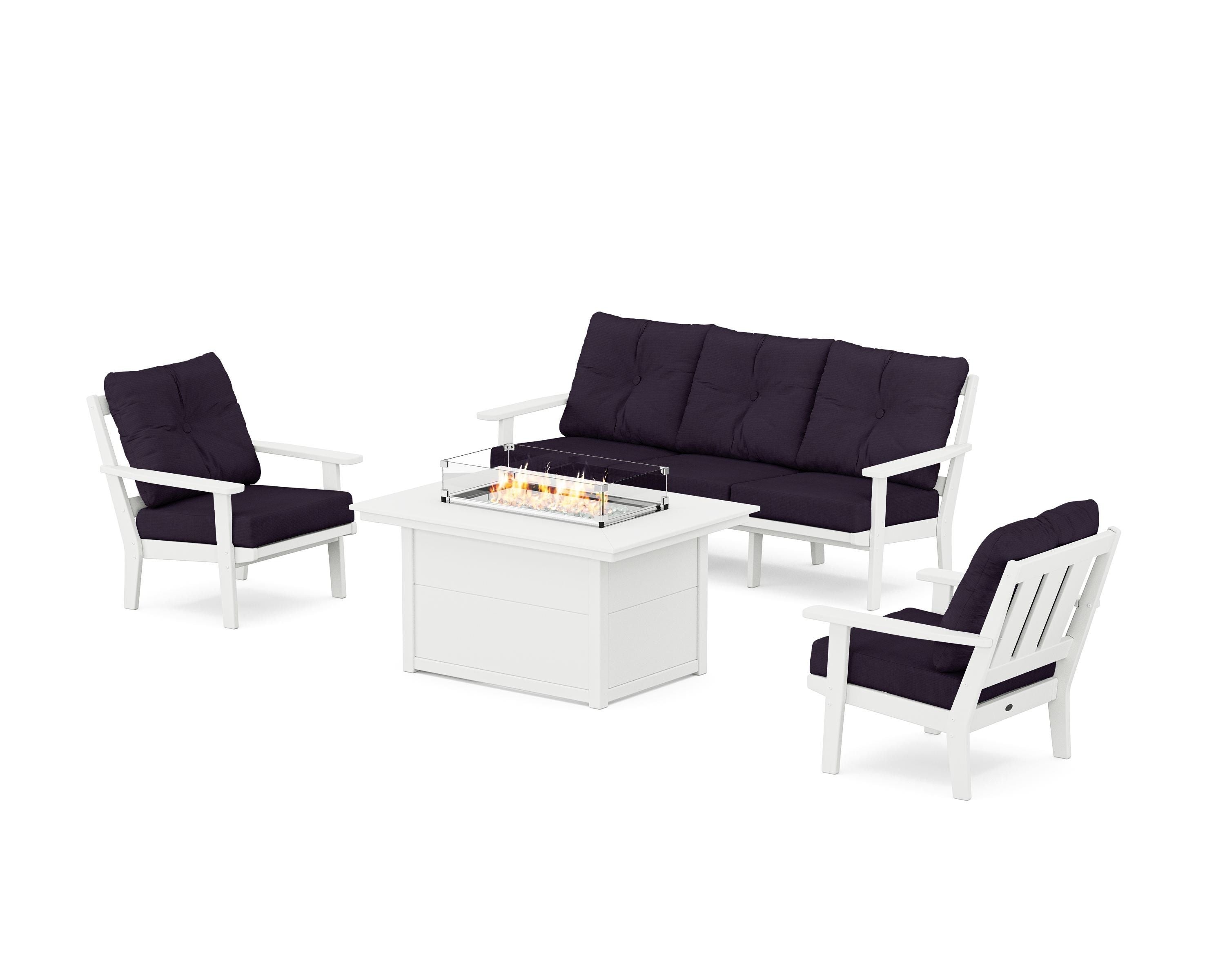 POLYWOOD Oxford Deep Seating Fire Pit Table Set in White / Navy Linen
