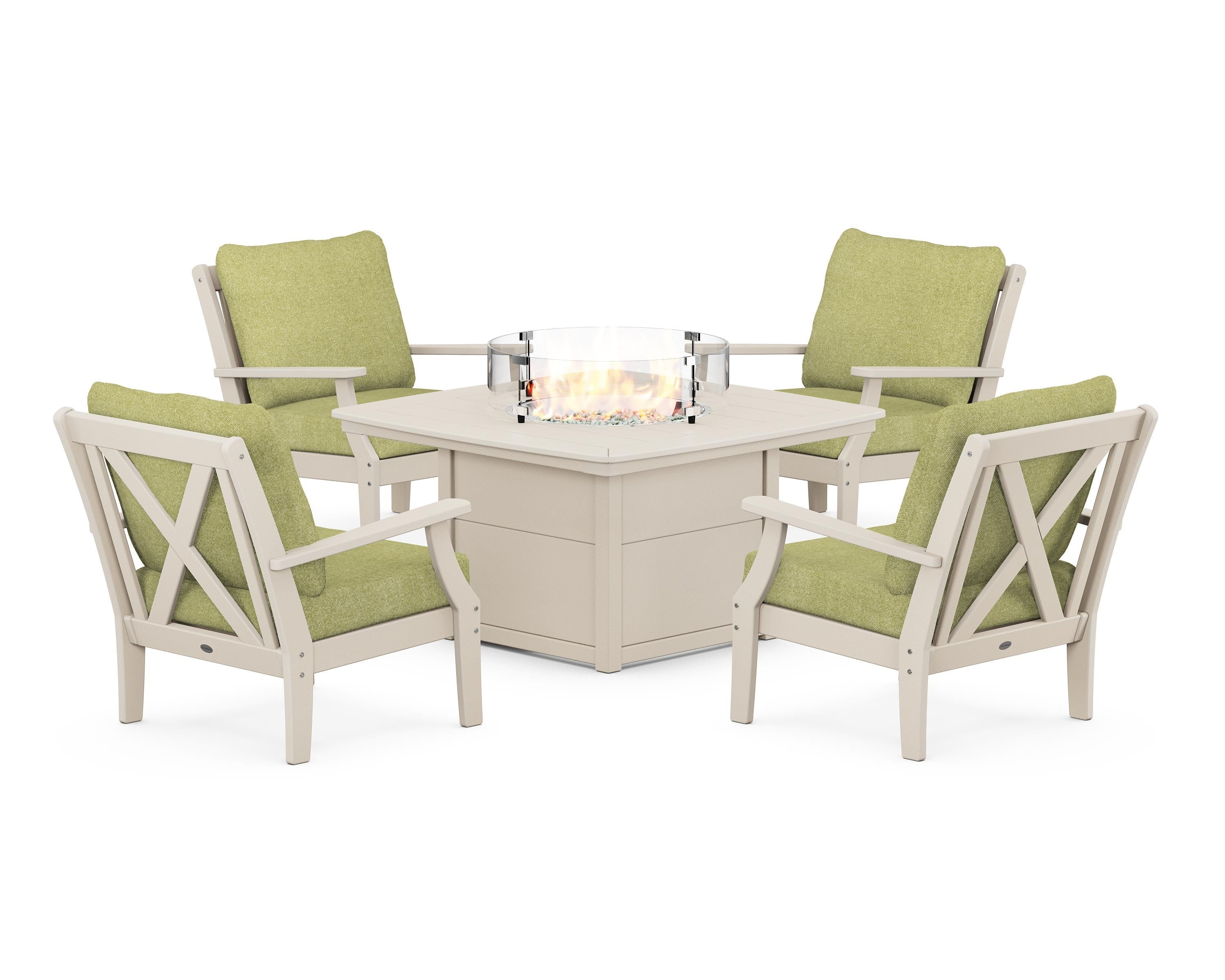 POLYWOOD Braxton 5-Piece Deep Seating Conversation Set with Fire Pit Table in Sand / Chartreuse Boucle