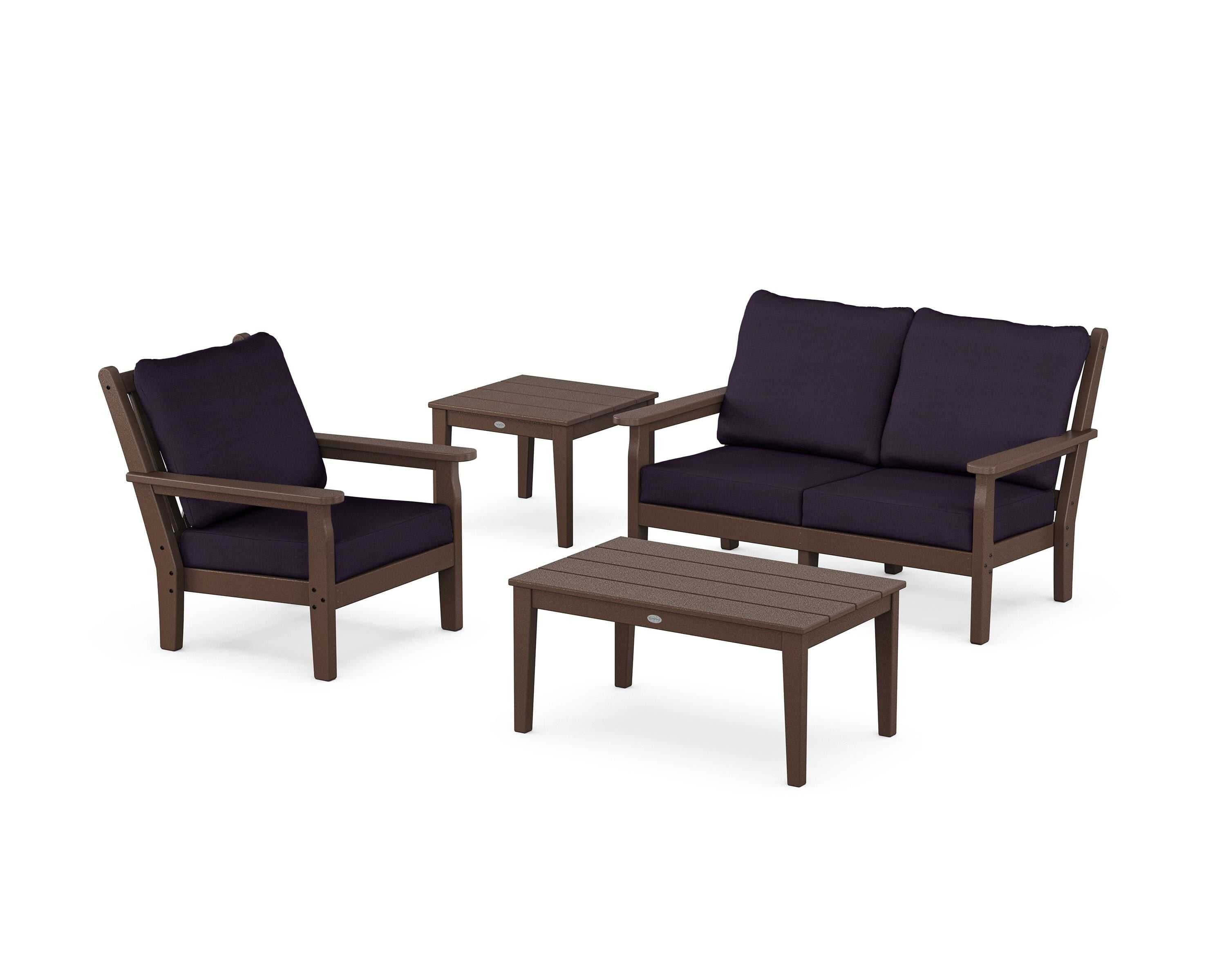 POLYWOOD Chippendale 4-Piece Deep Seating Set in Mahogany / Navy Linen
