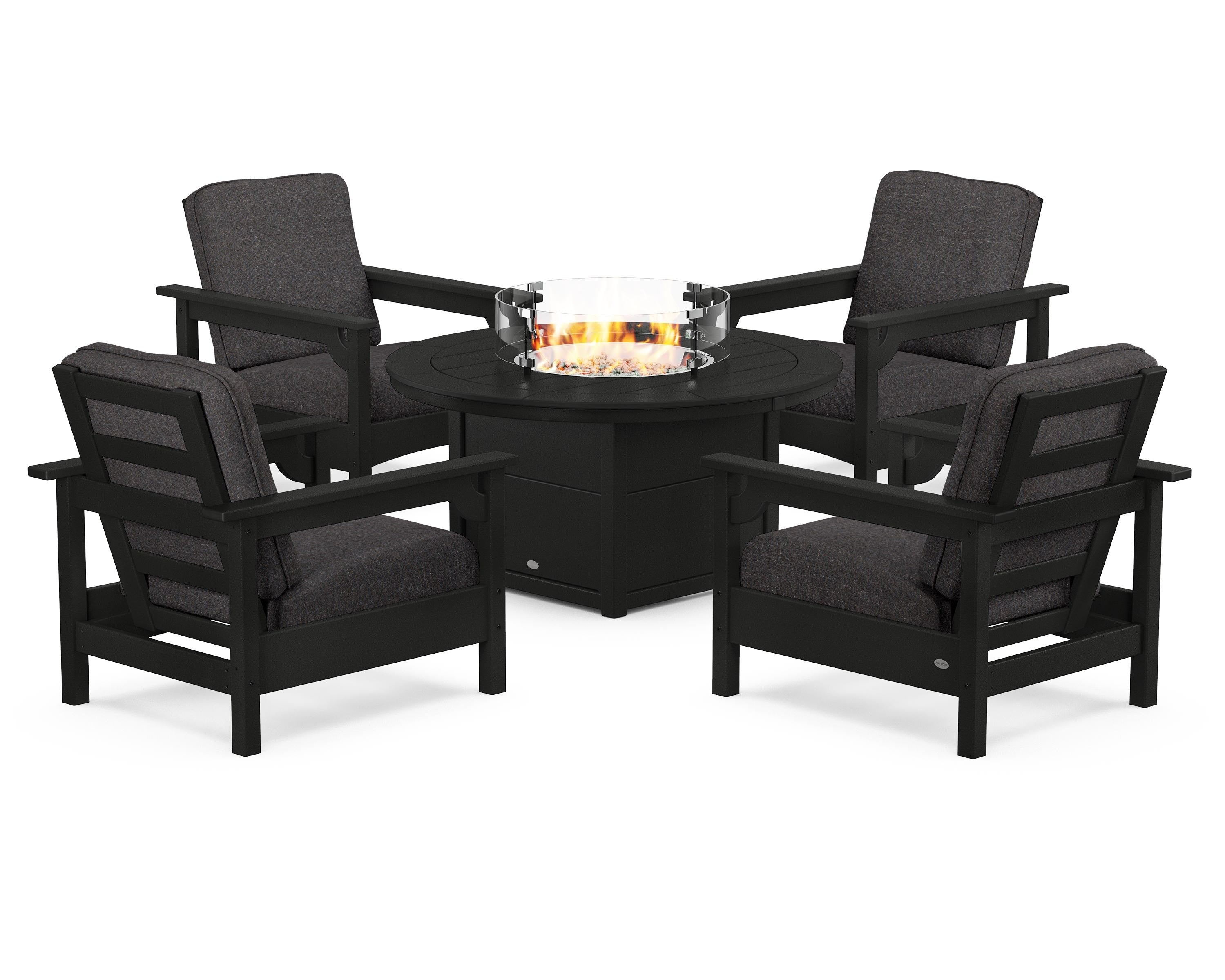 POLYWOOD Club 5-Piece Conversation Set with Fire Pit Table in Black / Ash Charcoal