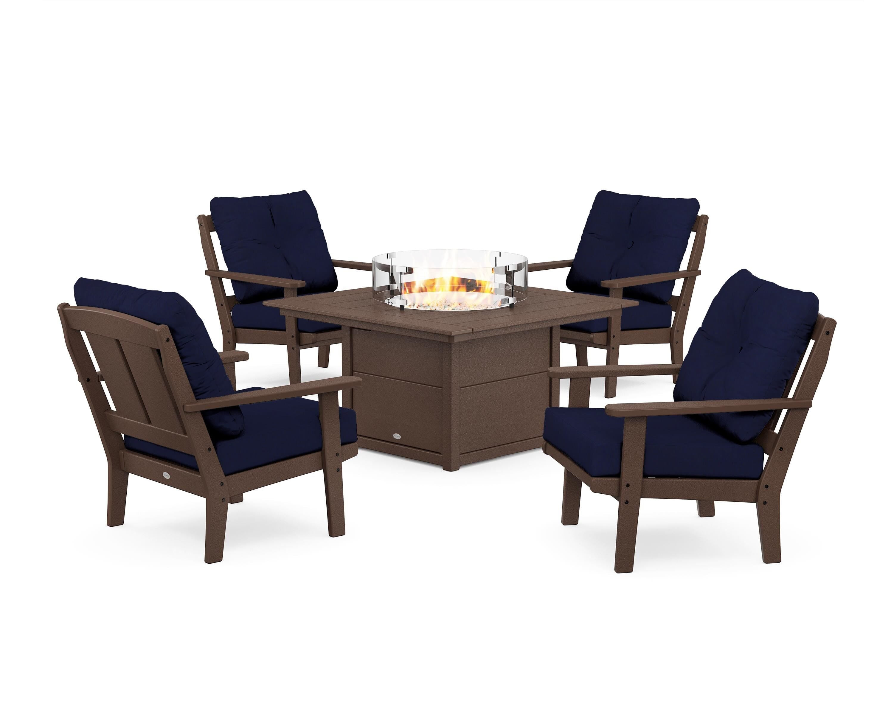 POLYWOOD Mission 5-Piece Deep Seating Set with Fire Pit Table in Mahogany / Navy