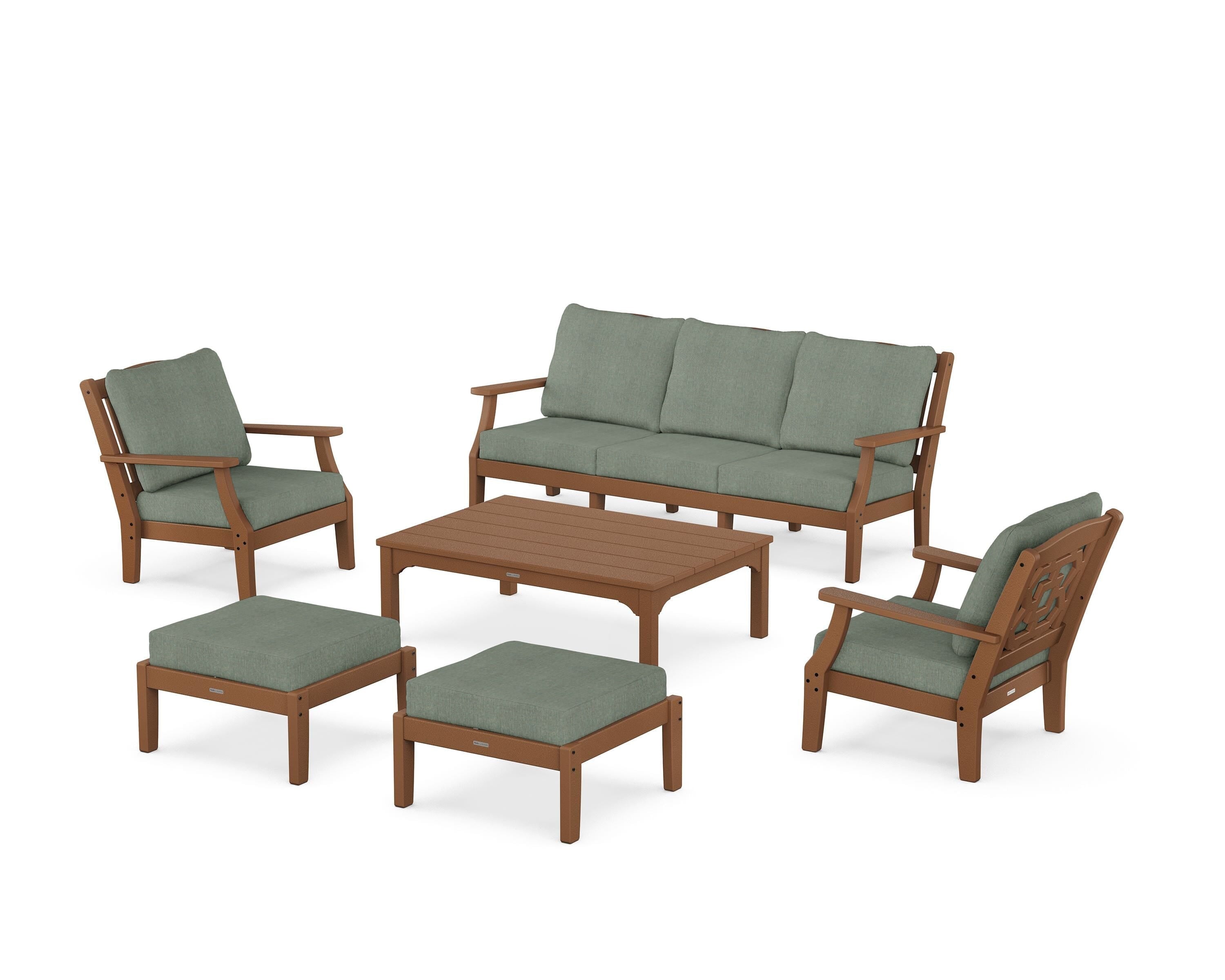 Martha Stewart by POLYWOOD Chinoiserie 6-Piece Lounge Sofa Set in Teak / Cast Sage