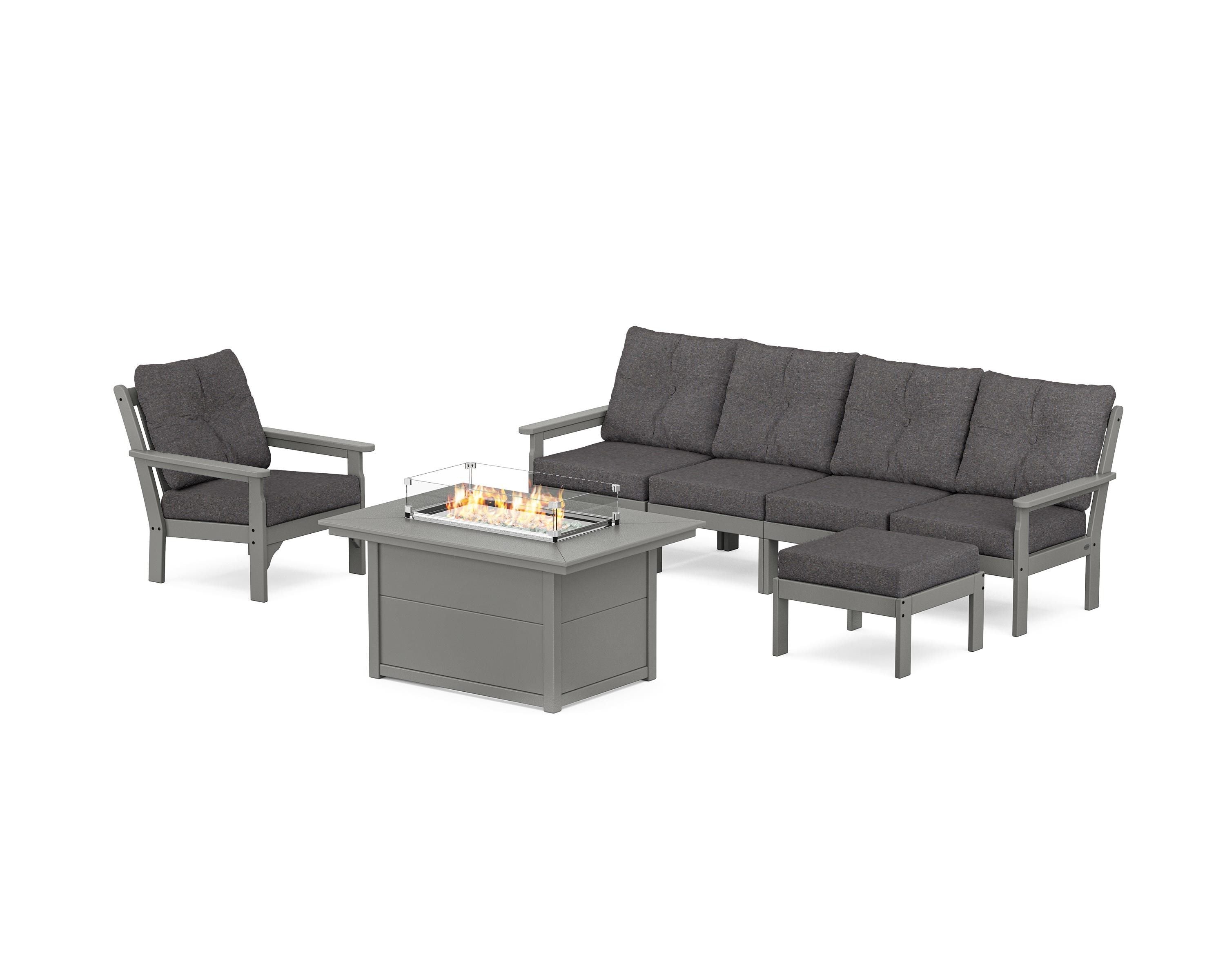 POLYWOOD Vineyard Sectional Lounge and Fire Pit Set in Slate Grey / Ash Charcoal
