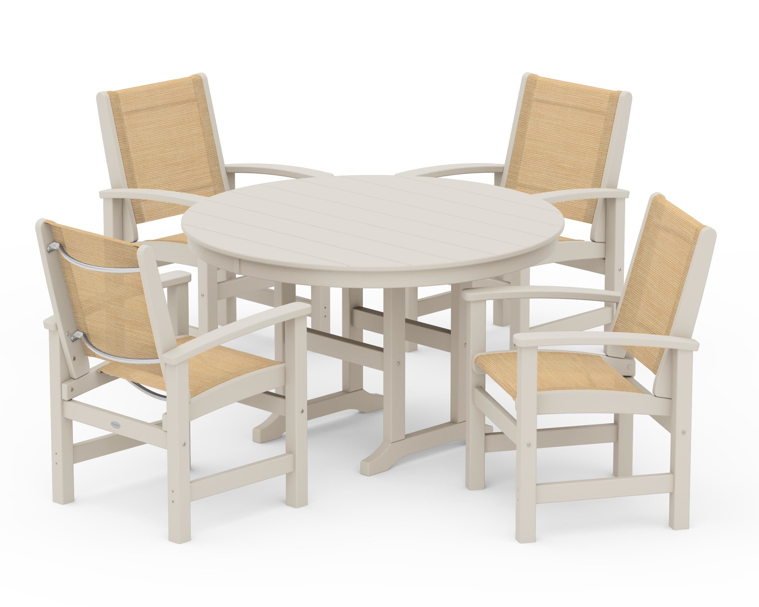 POLYWOOD Coastal 5-Piece Round Farmhouse Dining Set in Sand / Dupioni Apricot Sling