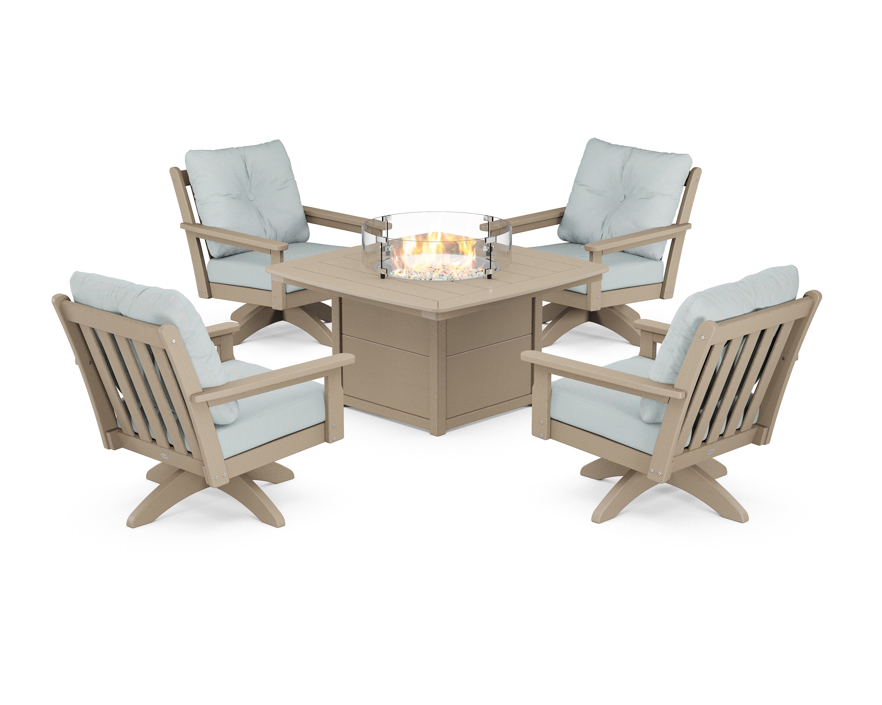 POLYWOOD Vineyard 5-Piece Deep Seating Swivel Conversation Set with Fire Pit Table in Vintage Sahara / Spa