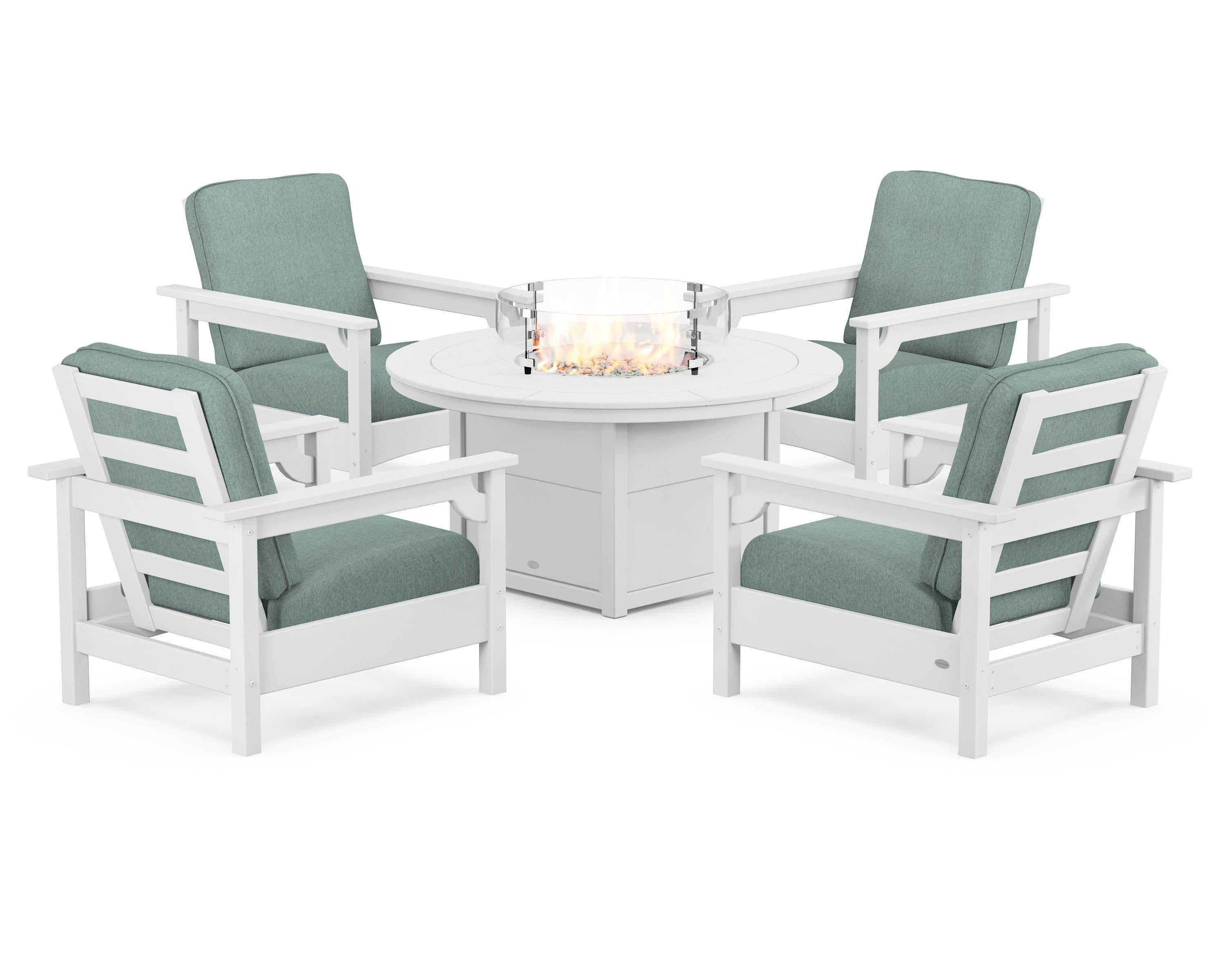 POLYWOOD Club 5-Piece Conversation Set with Fire Pit Table in White / Glacier Spa