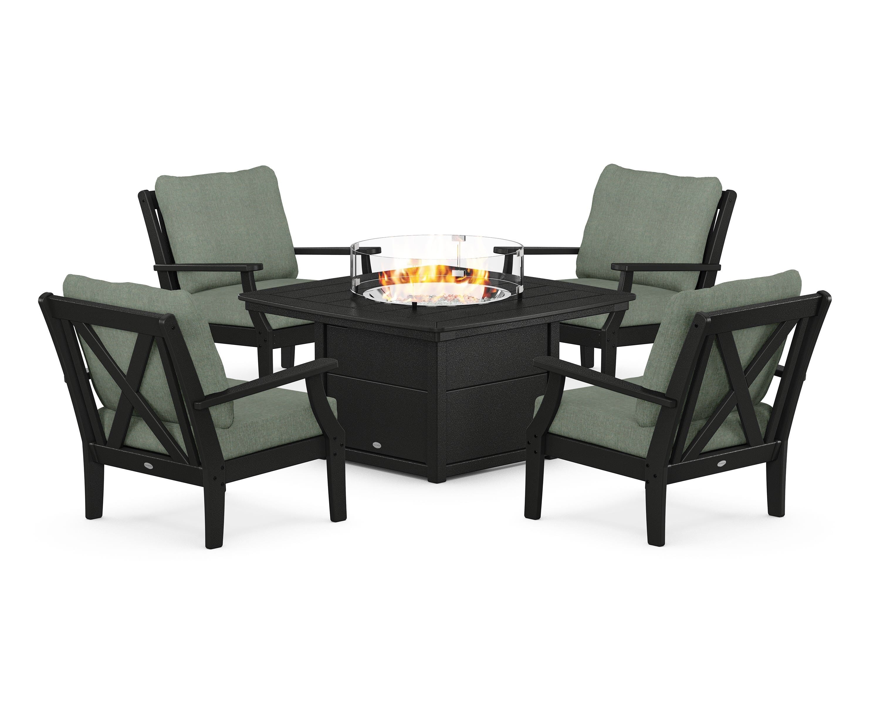 POLYWOOD Braxton 5-Piece Deep Seating Conversation Set with Fire Pit Table in Black / Cast Sage