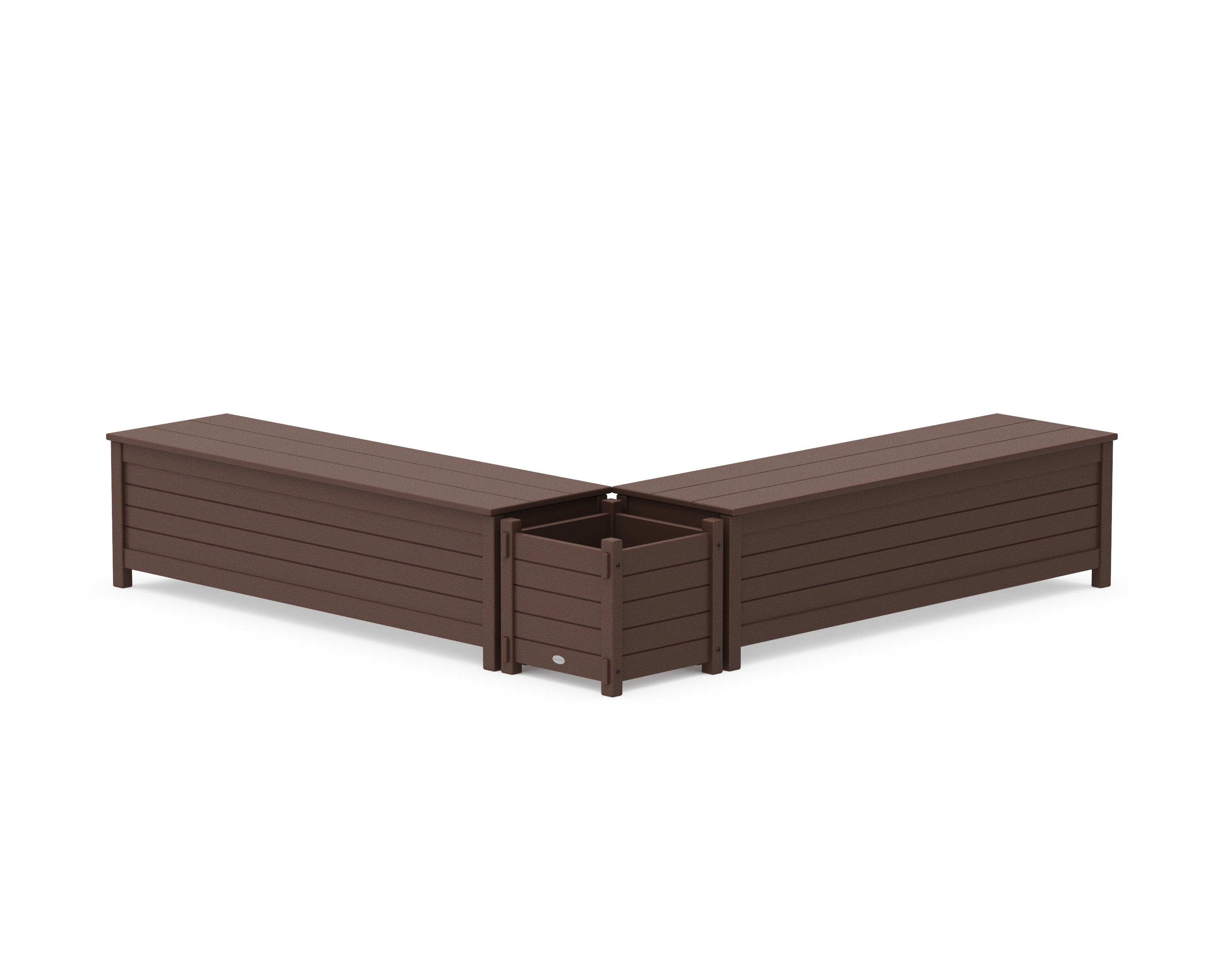 POLYWOOD 60" Nautical L- Shaped Planter Storage Bench Set in Mahogany